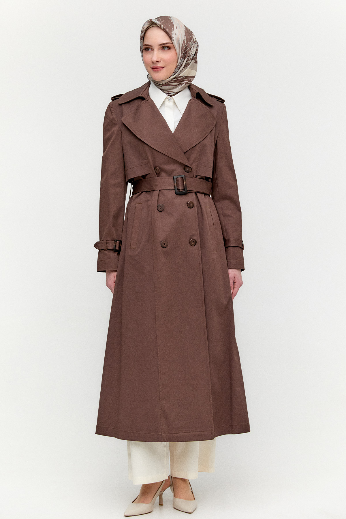 Çift Düğmeli Gabardin Trençkot, Tesettür Giyim