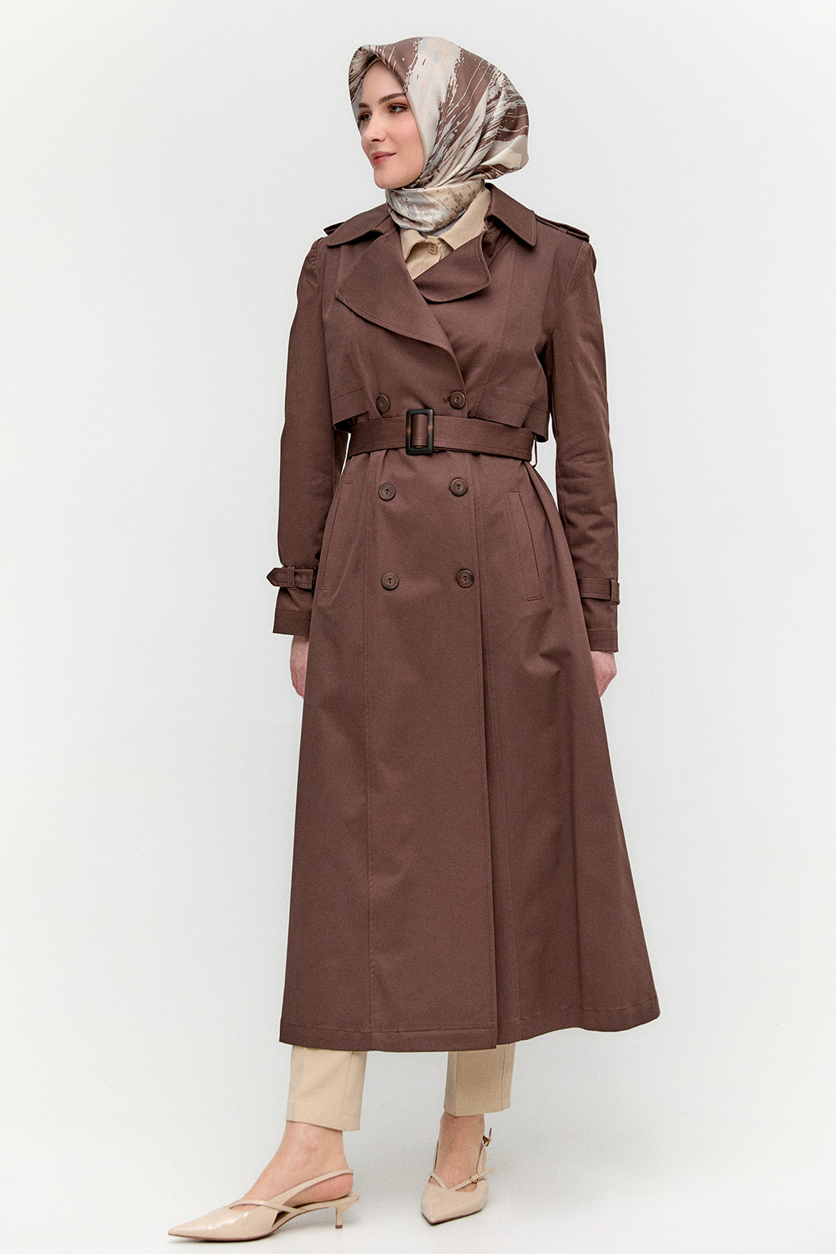 Çift Düğmeli Gabardin Trençkot, Tesettür Giyim