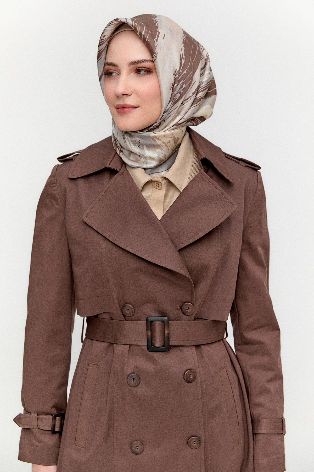 Çift Düğmeli Gabardin Trençkot, Tesettür Giyim