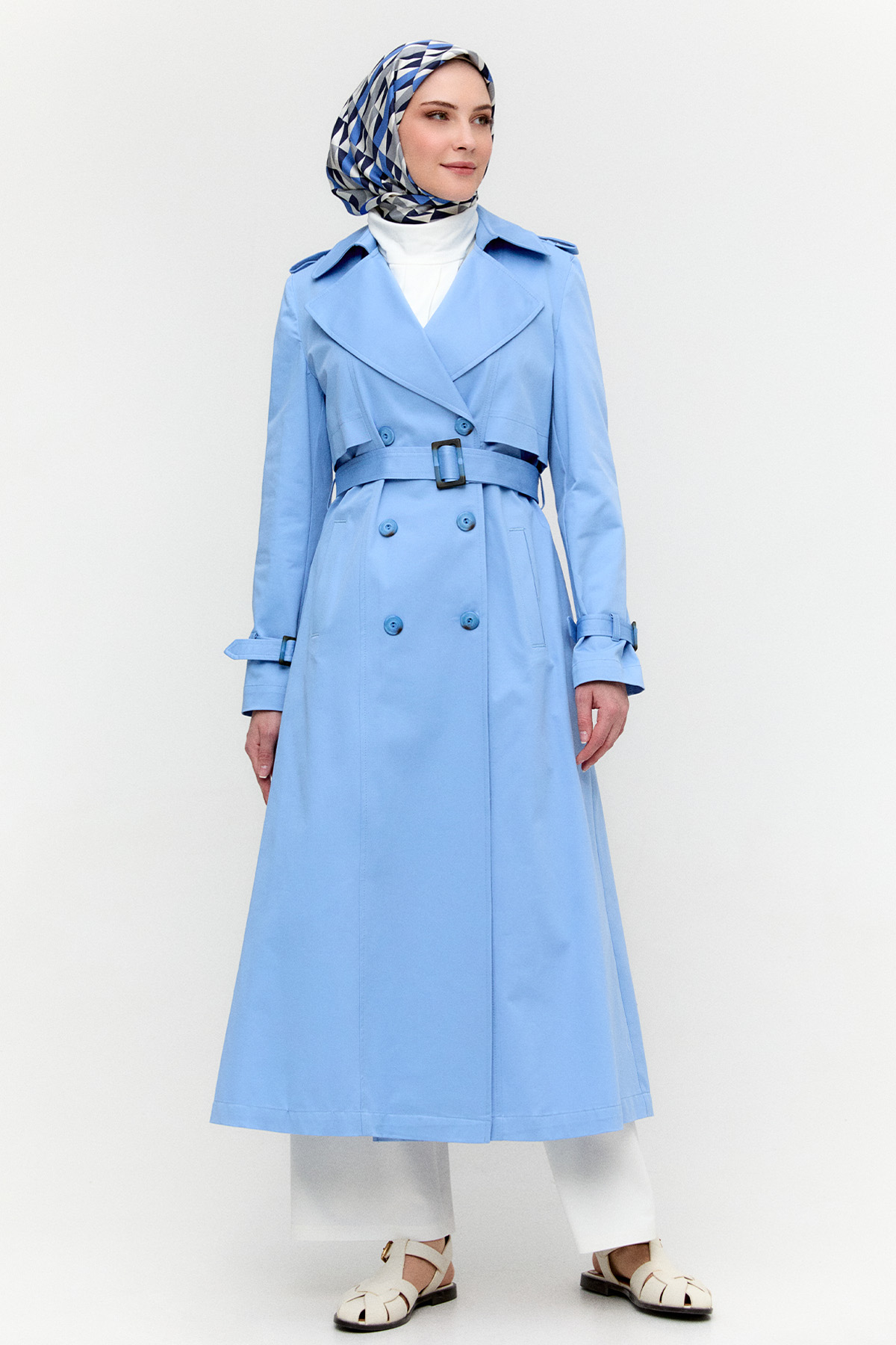 Çift Düğmeli Gabardin Trençkot, Tesettür Giyim