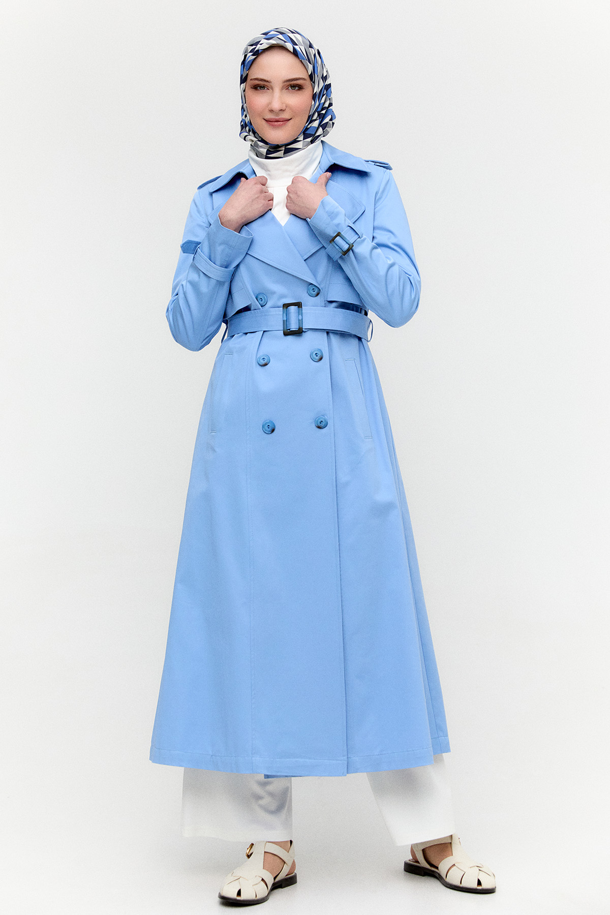 Çift Düğmeli Gabardin Trençkot, Tesettür Giyim