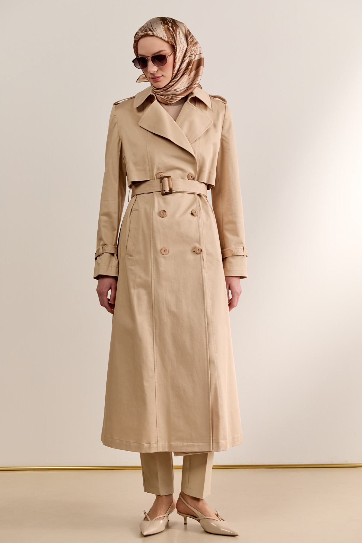 Çift Düğmeli Gabardin Trençkot, Tesettür Giyim