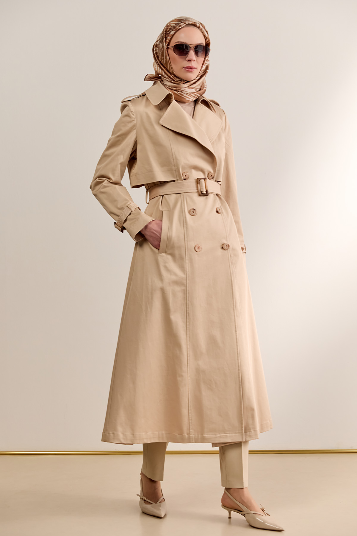 Çift Düğmeli Gabardin Trençkot, Tesettür Giyim
