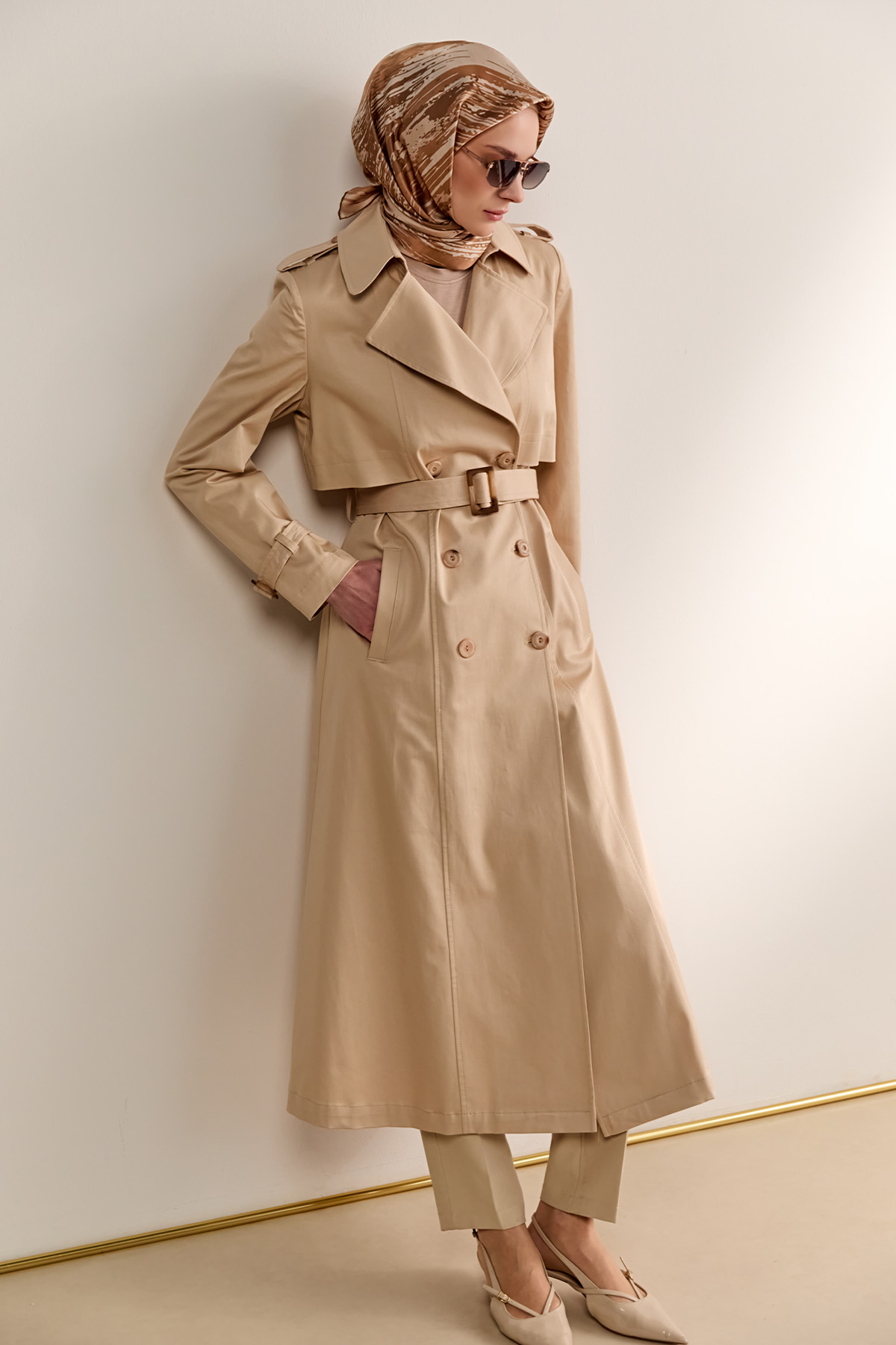Çift Düğmeli Gabardin Trençkot, Tesettür Giyim