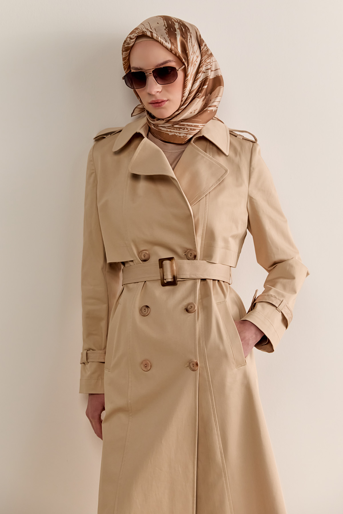 Çift Düğmeli Gabardin Trençkot, Tesettür Giyim
