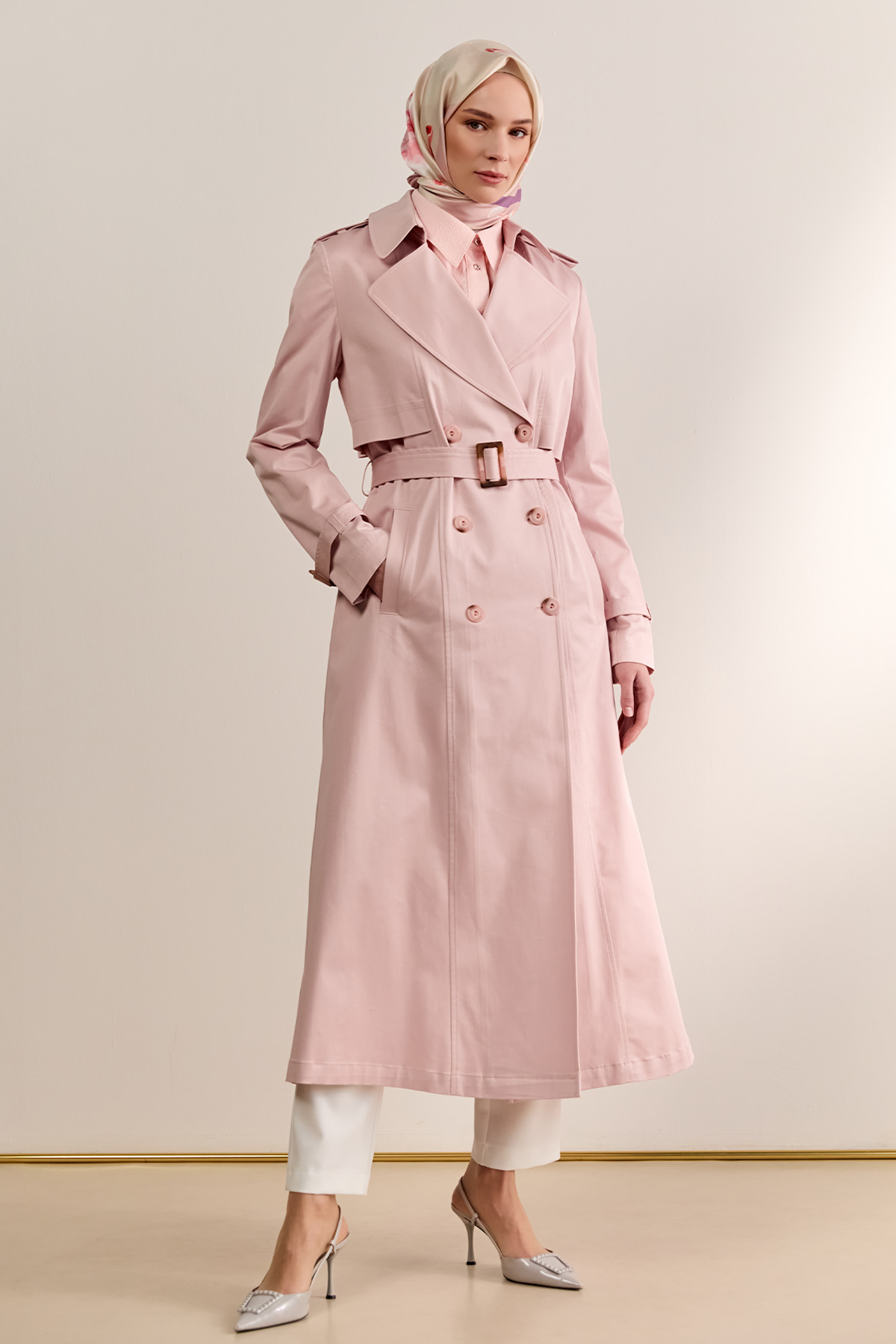 Çift Düğmeli Gabardin Trençkot, Tesettür Giyim