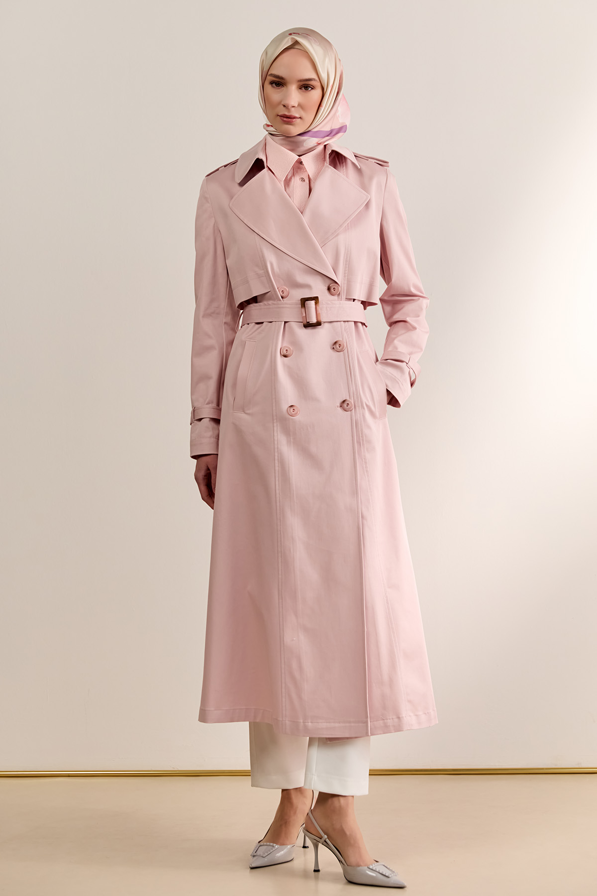 Çift Düğmeli Gabardin Trençkot, Tesettür Giyim