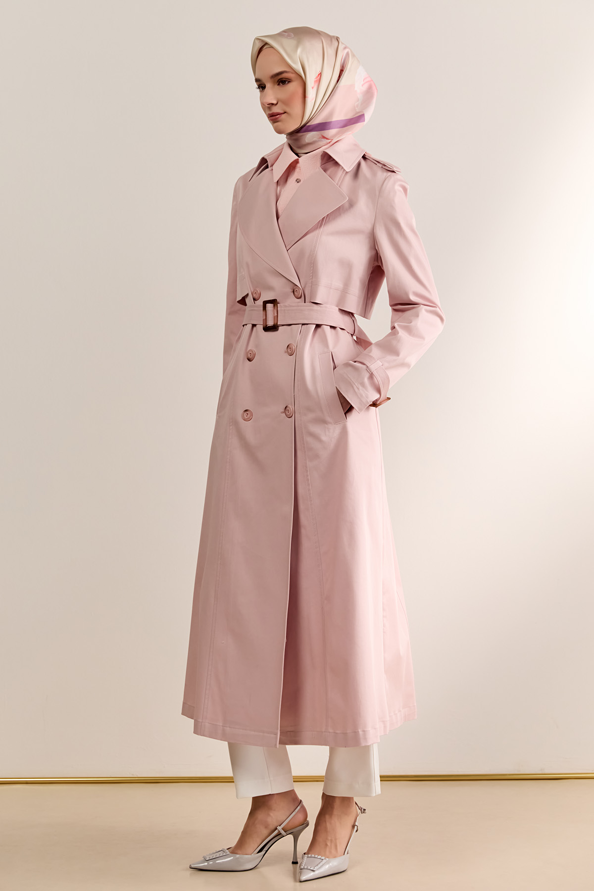 Çift Düğmeli Gabardin Trençkot, Tesettür Giyim
