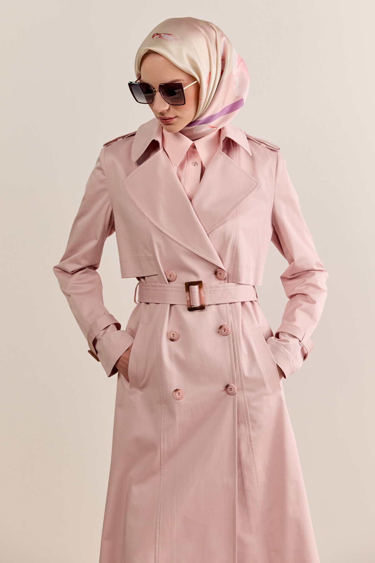 Çift Düğmeli Gabardin Trençkot, Tesettür Giyim
