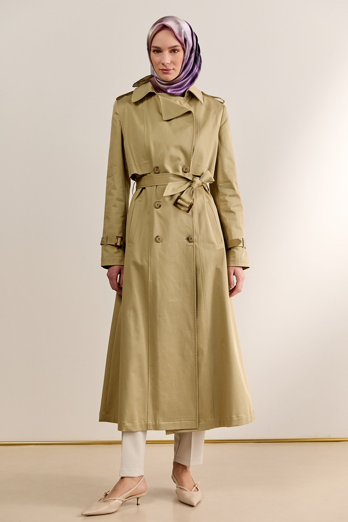 Çift Düğmeli Gabardin Trençkot, Tesettür Giyim