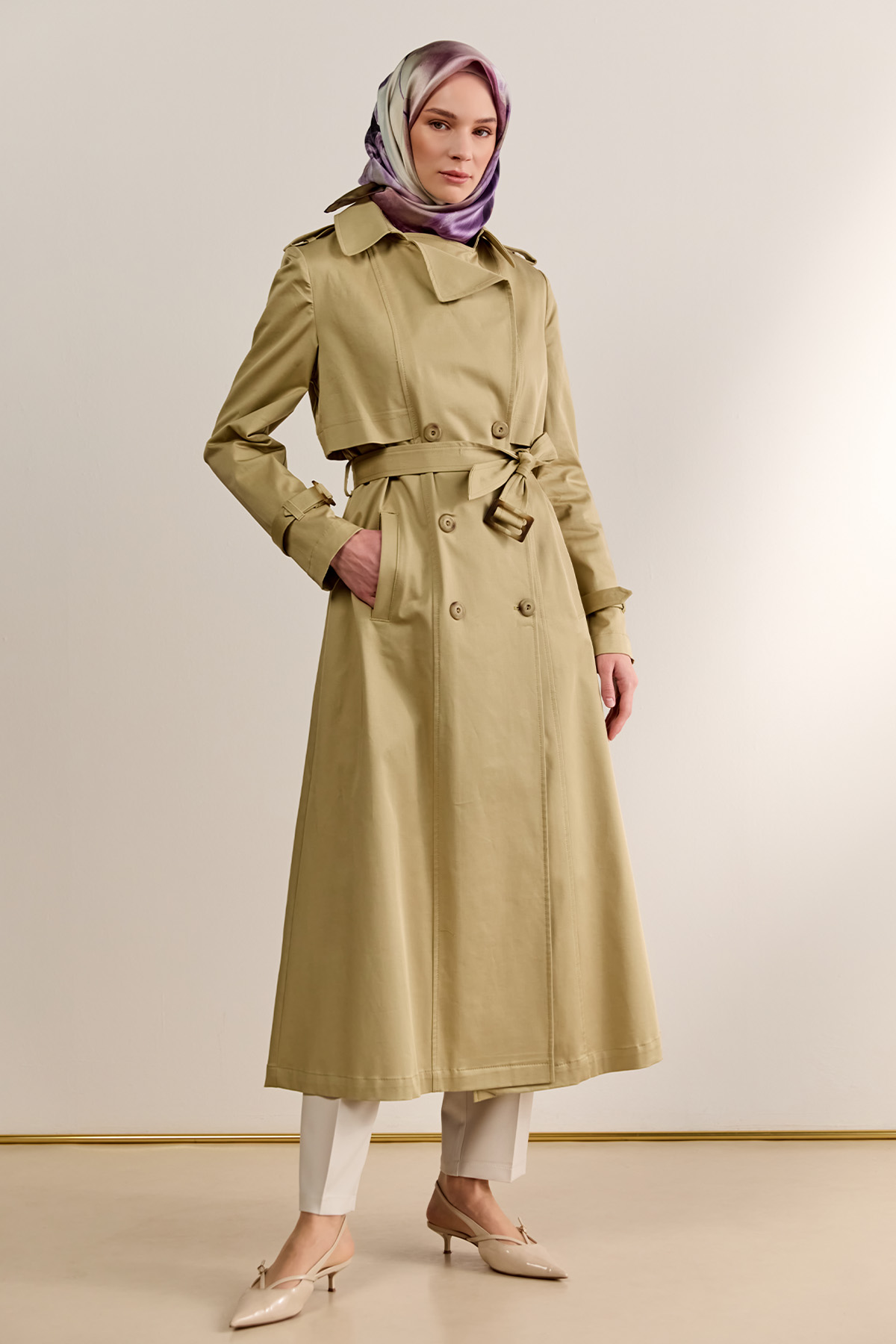 Çift Düğmeli Gabardin Trençkot, Tesettür Giyim
