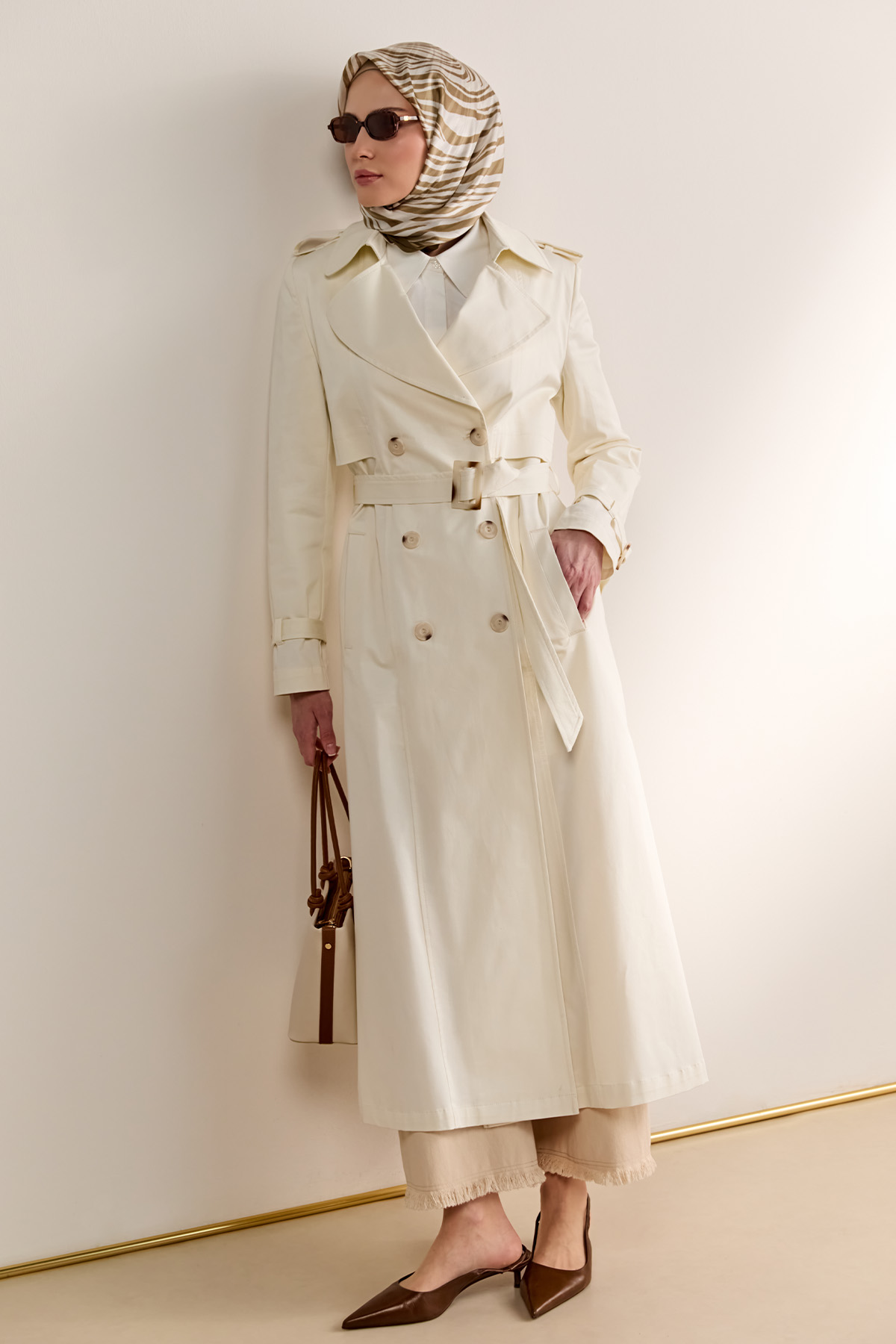 Çift Düğmeli Gabardin Trençkot, Tesettür Giyim