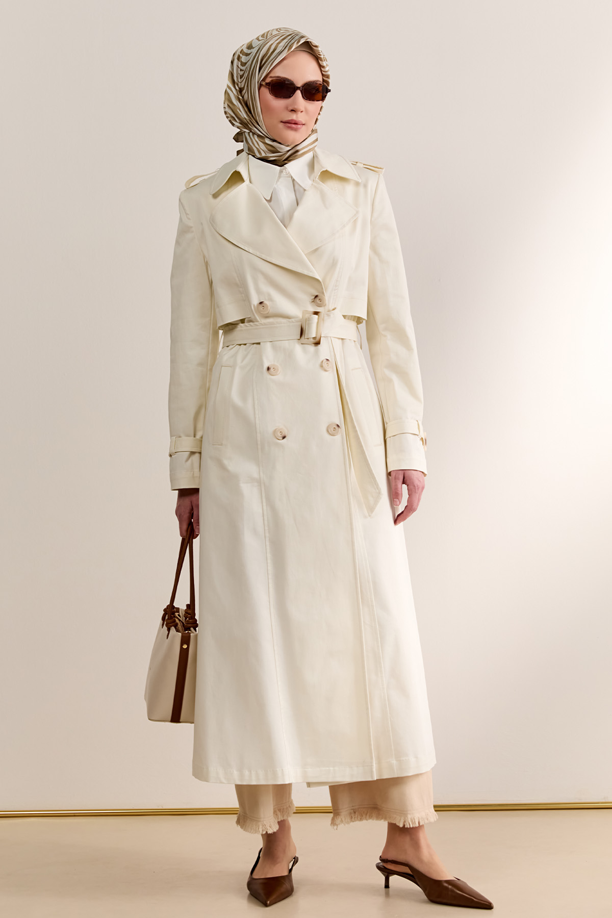 Çift Düğmeli Gabardin Trençkot, Tesettür Giyim