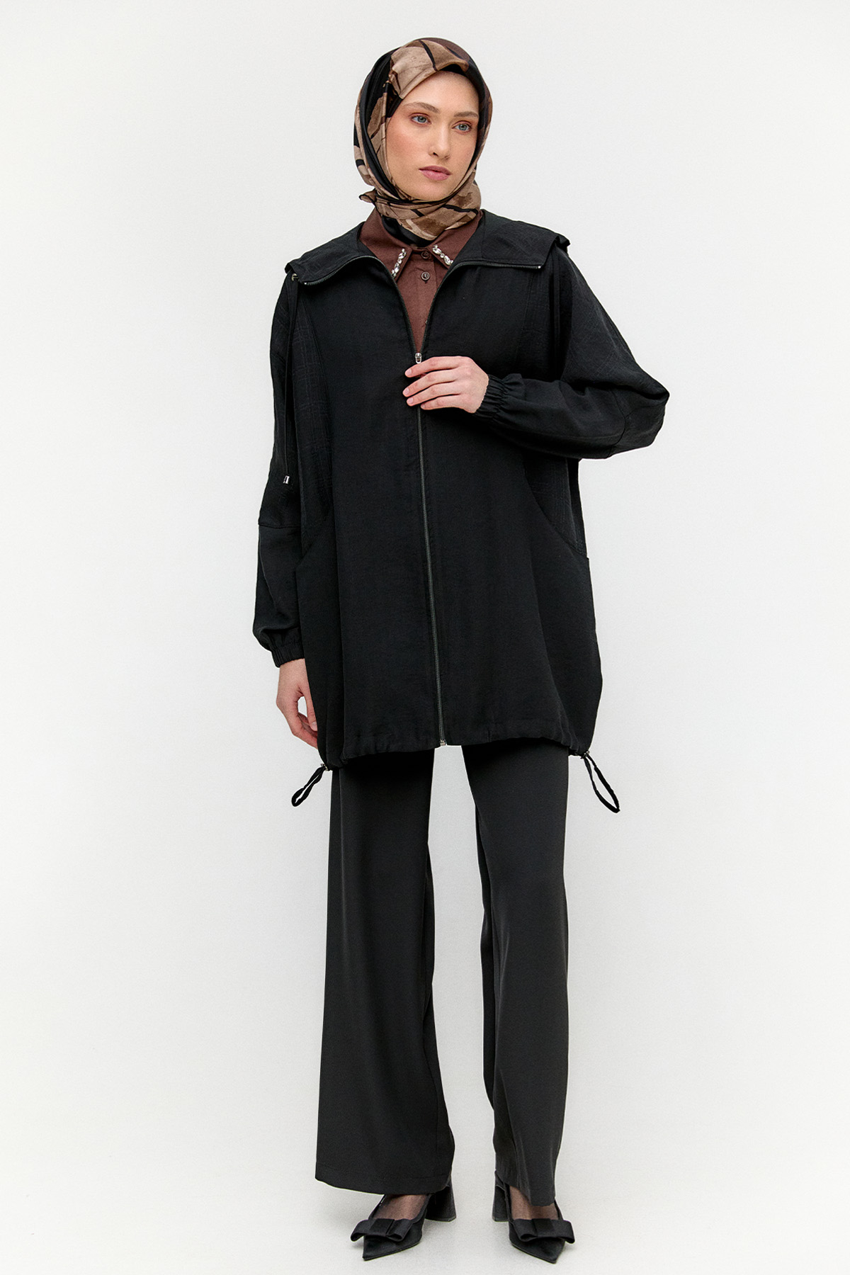 Çizgili Kapüşonlu Lyocell Kap, Tesettür Giyim