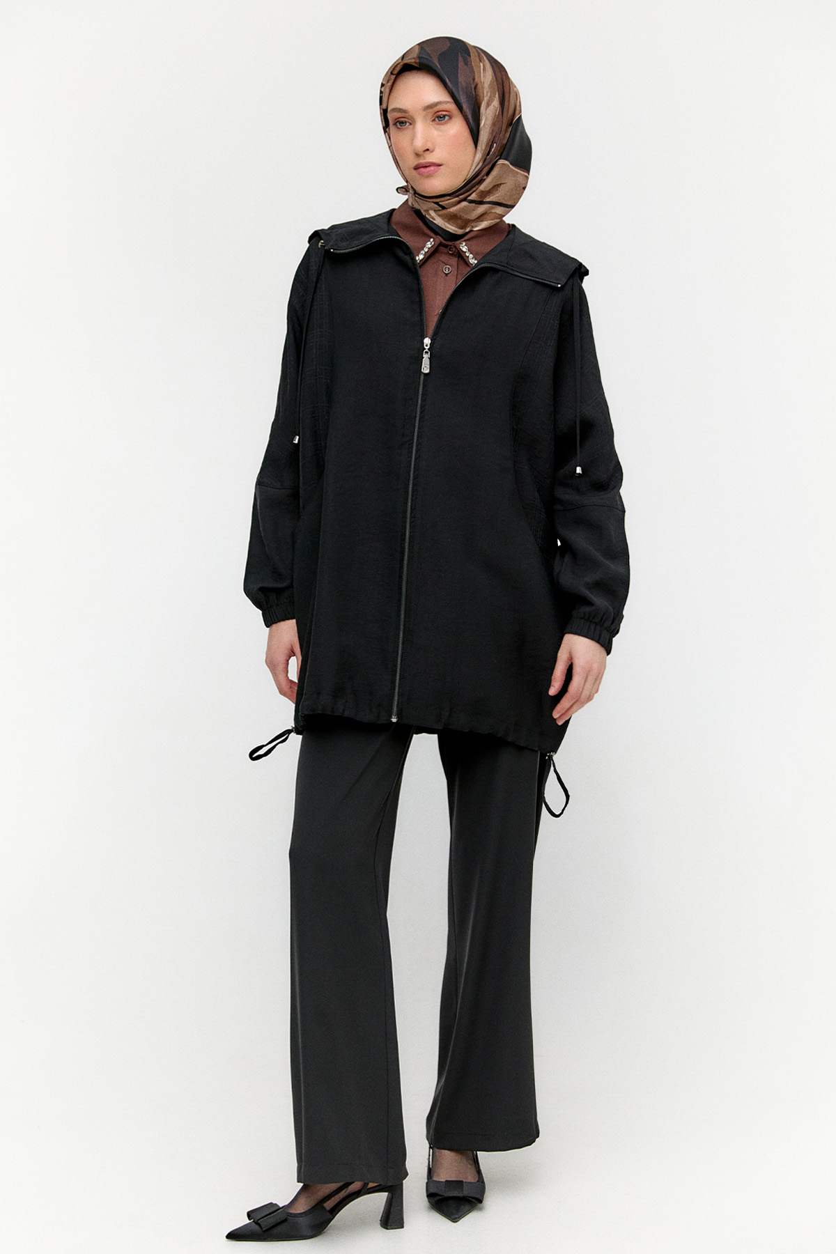 Çizgili Kapüşonlu Lyocell Kap, Tesettür Giyim