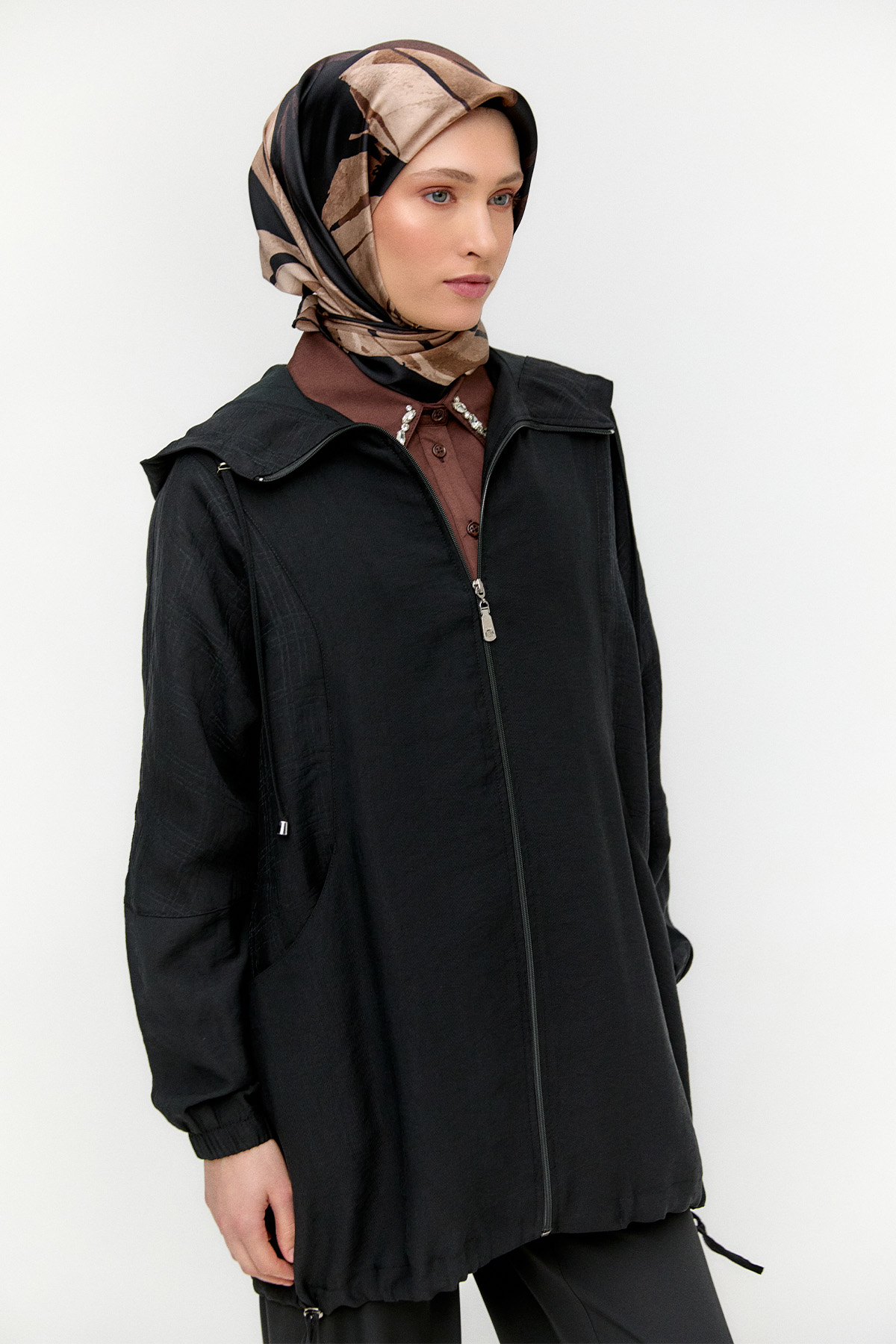 Çizgili Kapüşonlu Lyocell Kap, Tesettür Giyim