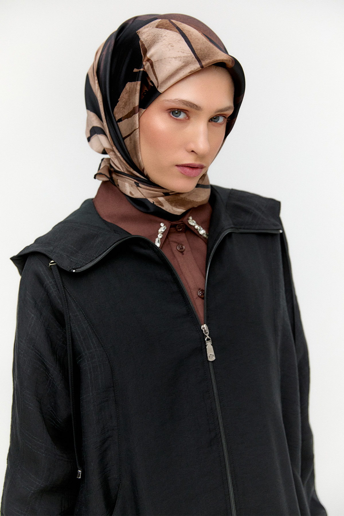 Çizgili Kapüşonlu Lyocell Kap, Tesettür Giyim