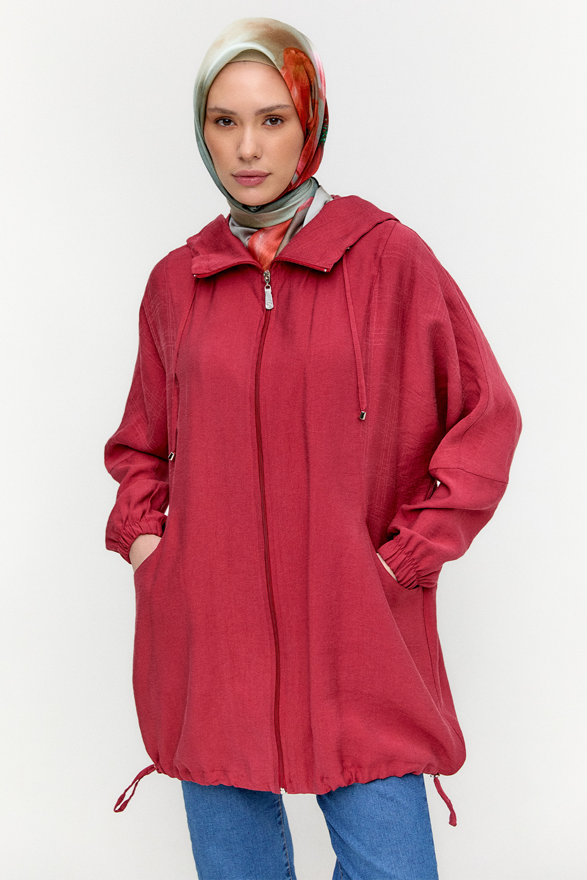 Çizgili Kapüşonlu Lyocell Kap, Tesettür Giyim