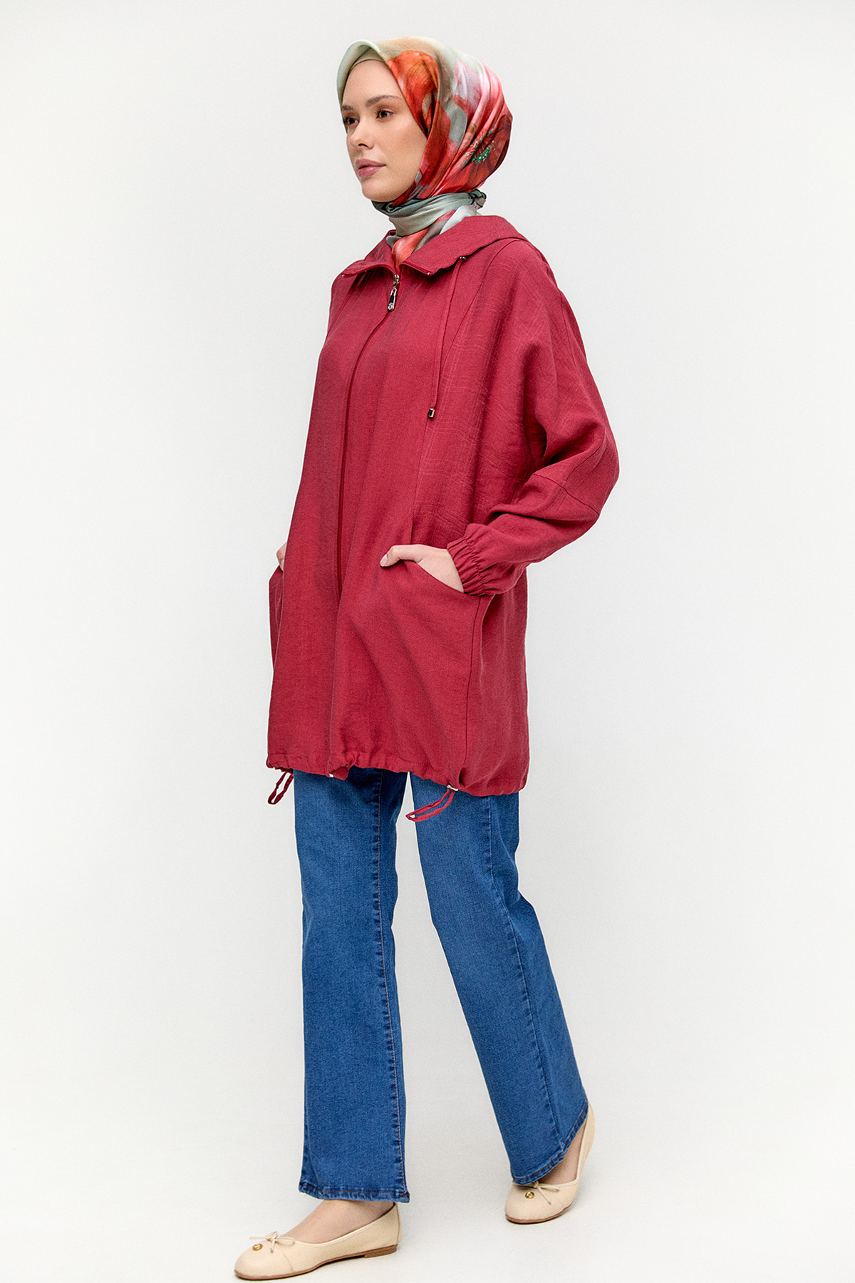 Çizgili Kapüşonlu Lyocell Kap, Tesettür Giyim