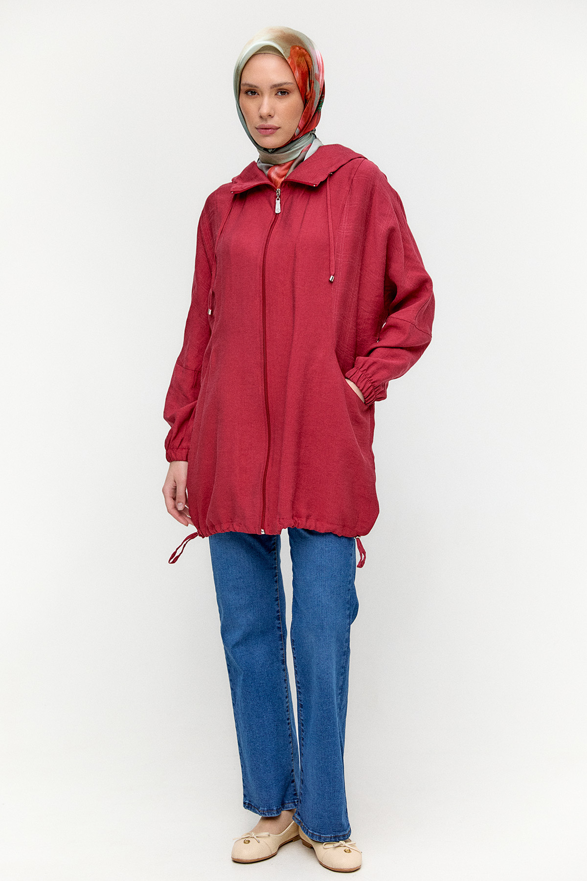 Çizgili Kapüşonlu Lyocell Kap, Tesettür Giyim