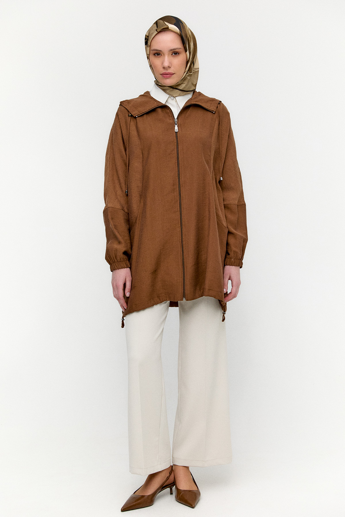 Çizgili Kapüşonlu Lyocell Kap, Tesettür Giyim