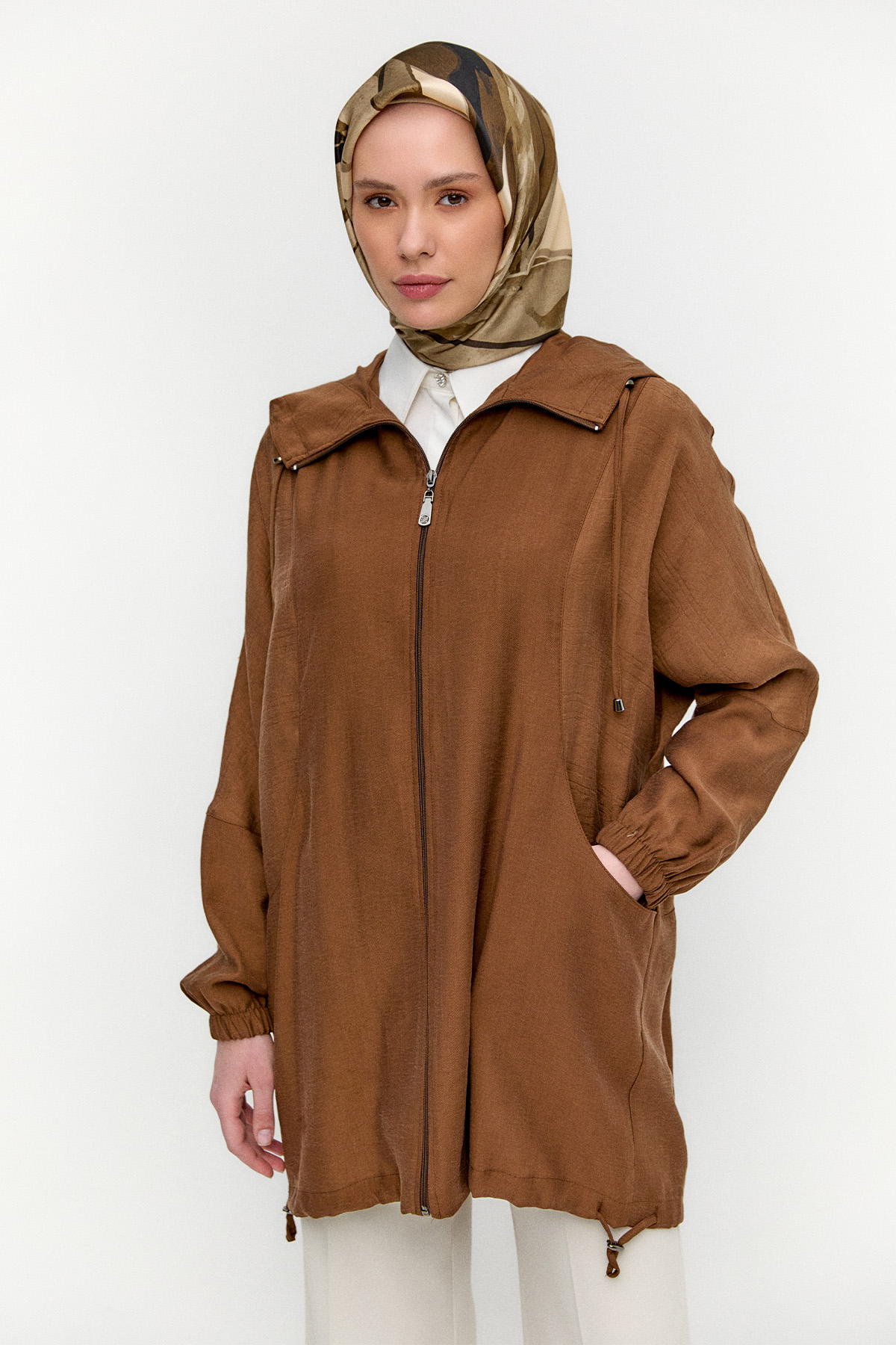 Çizgili Kapüşonlu Lyocell Kap, Tesettür Giyim