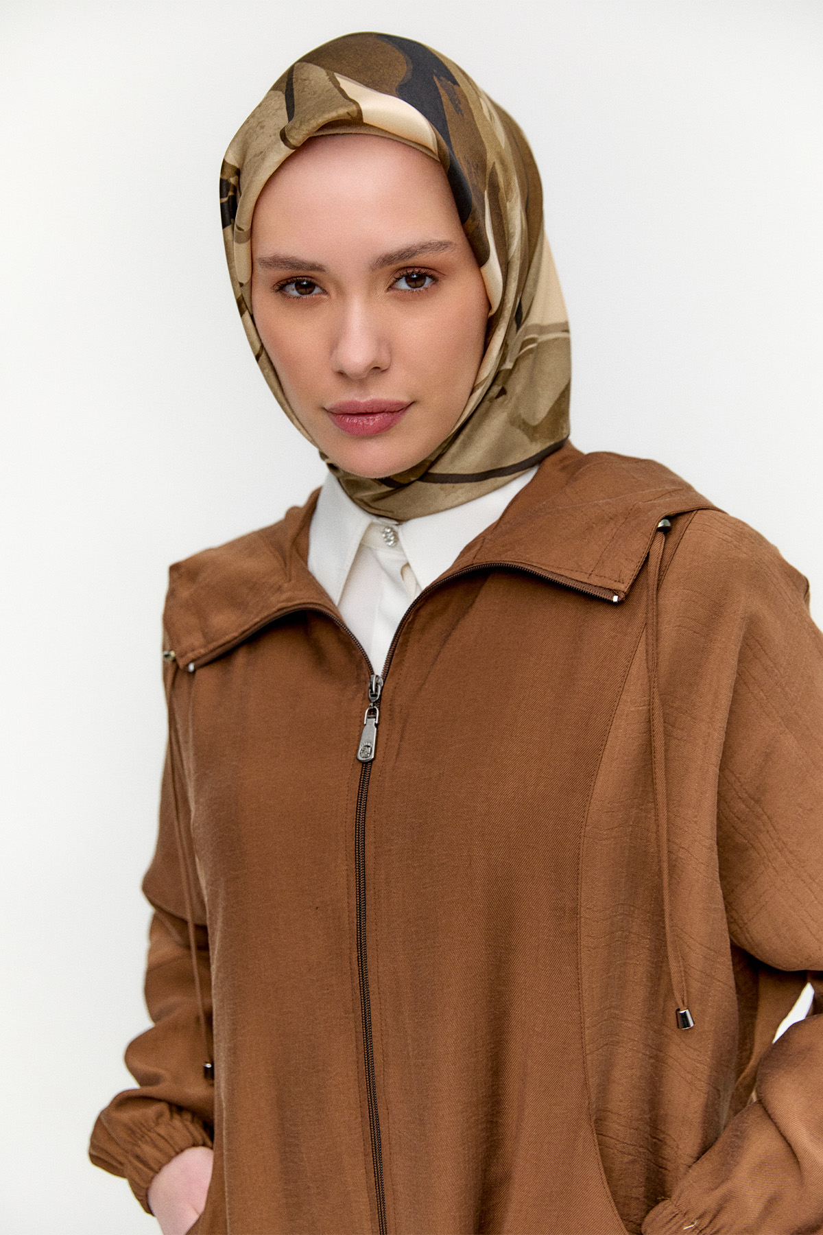 Çizgili Kapüşonlu Lyocell Kap, Tesettür Giyim