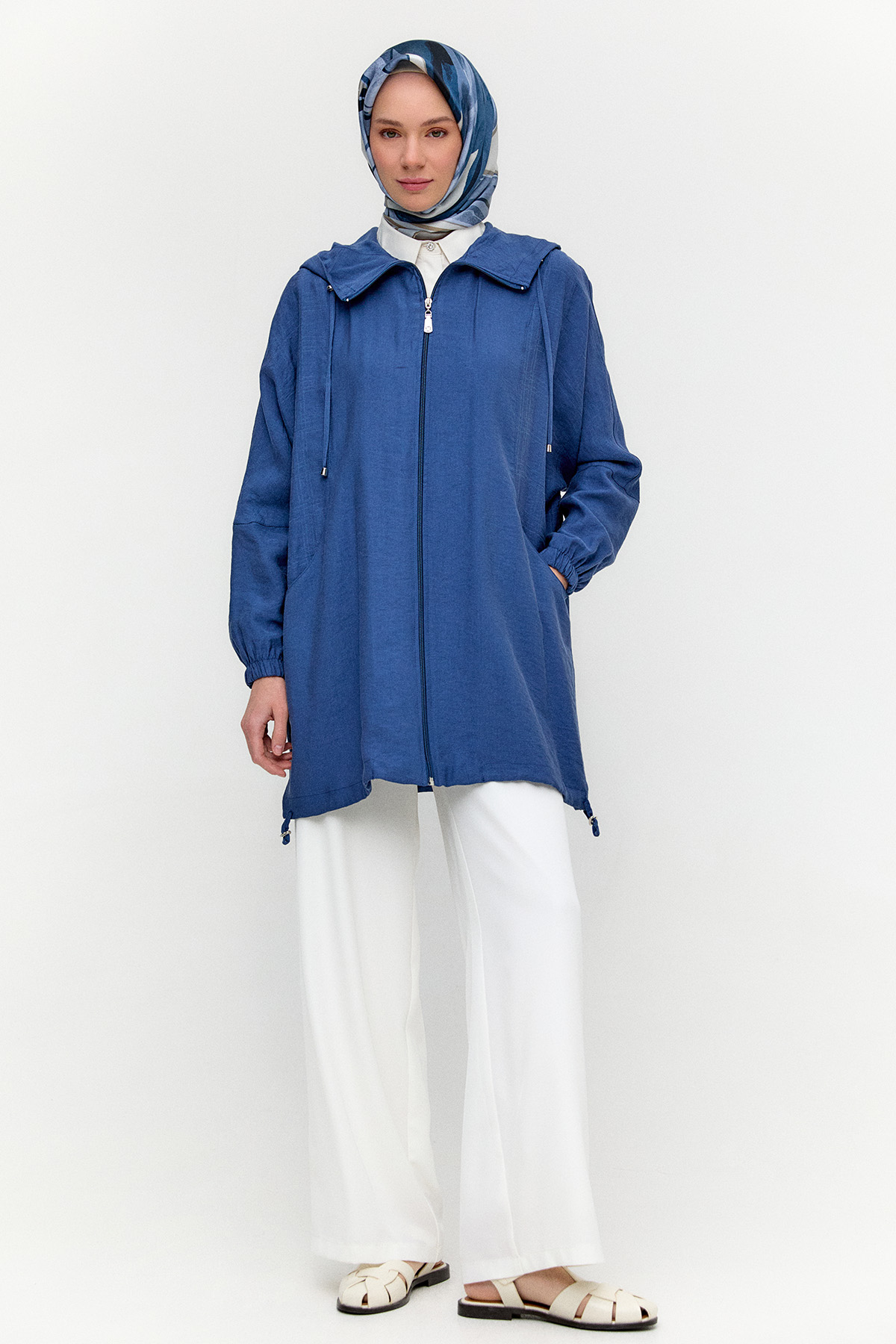 Çizgili Kapüşonlu Lyocell Kap, Tesettür Giyim