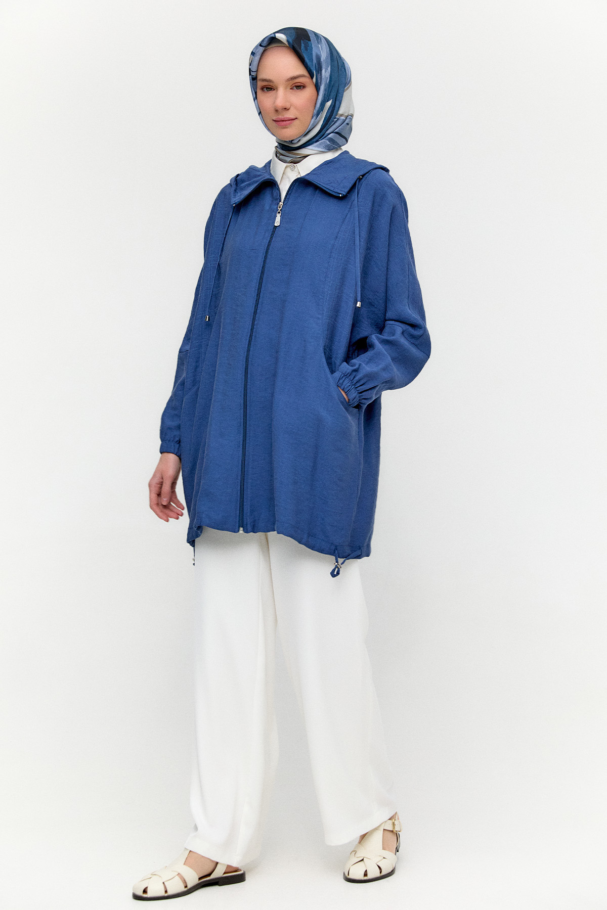 Çizgili Kapüşonlu Lyocell Kap, Tesettür Giyim