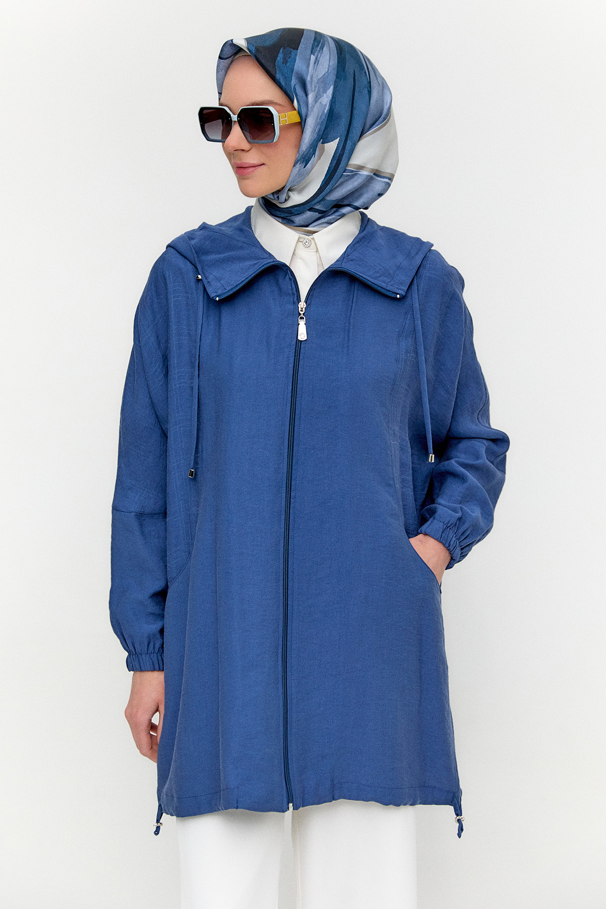 Çizgili Kapüşonlu Lyocell Kap, Tesettür Giyim