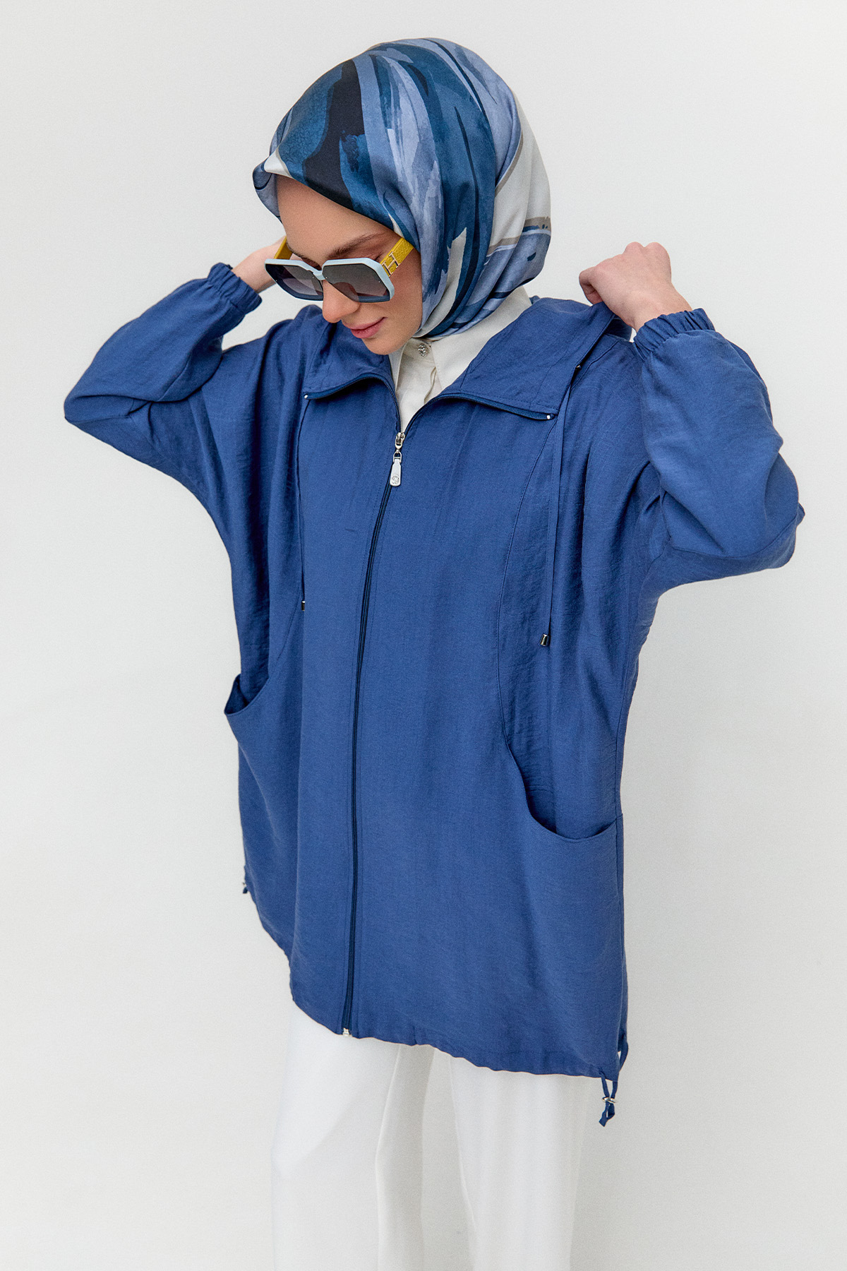 Çizgili Kapüşonlu Lyocell Kap, Tesettür Giyim