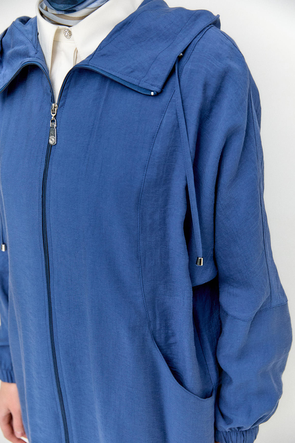 Çizgili Kapüşonlu Lyocell Kap, Tesettür Giyim