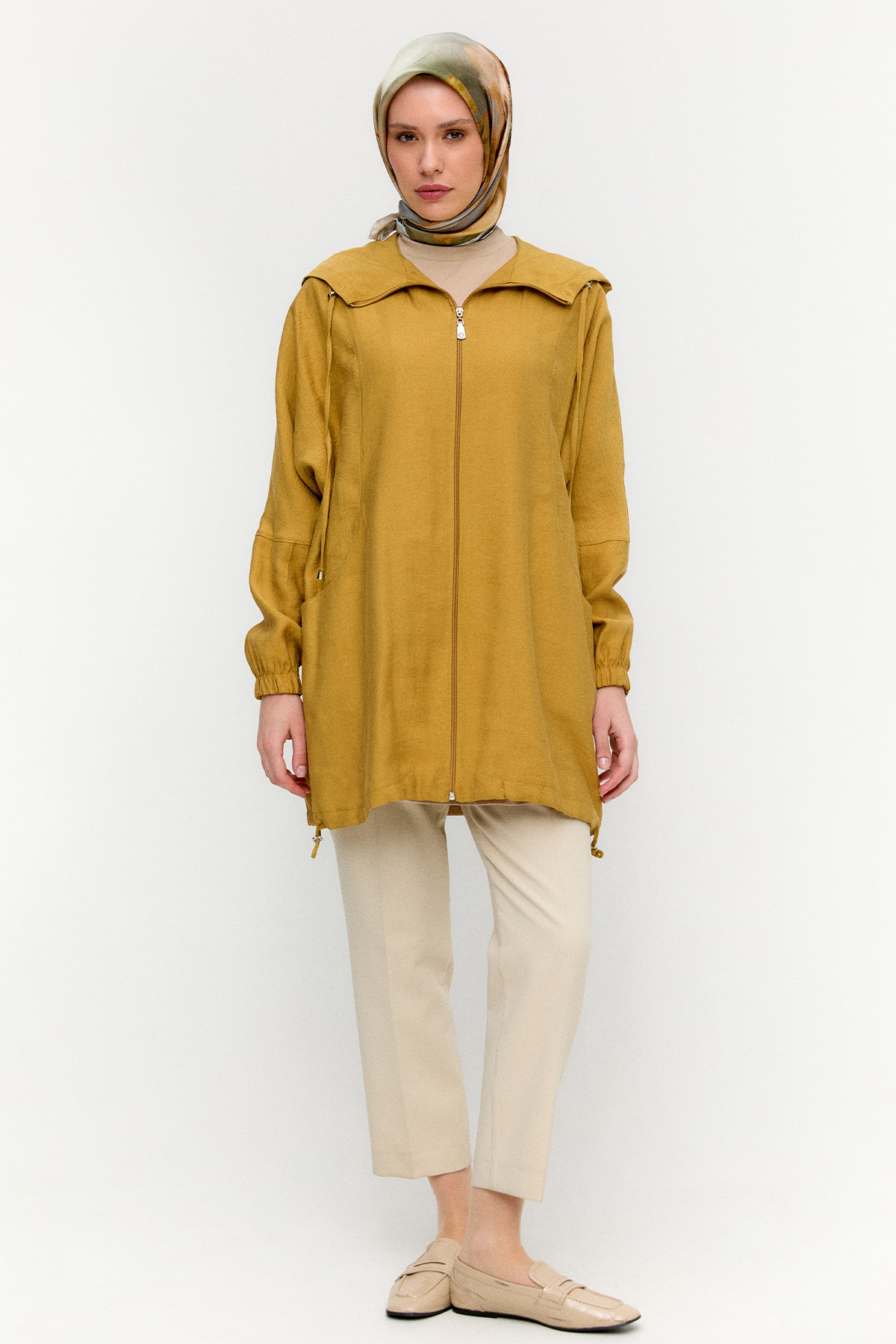 Çizgili Kapüşonlu Lyocell Kap, Tesettür Giyim