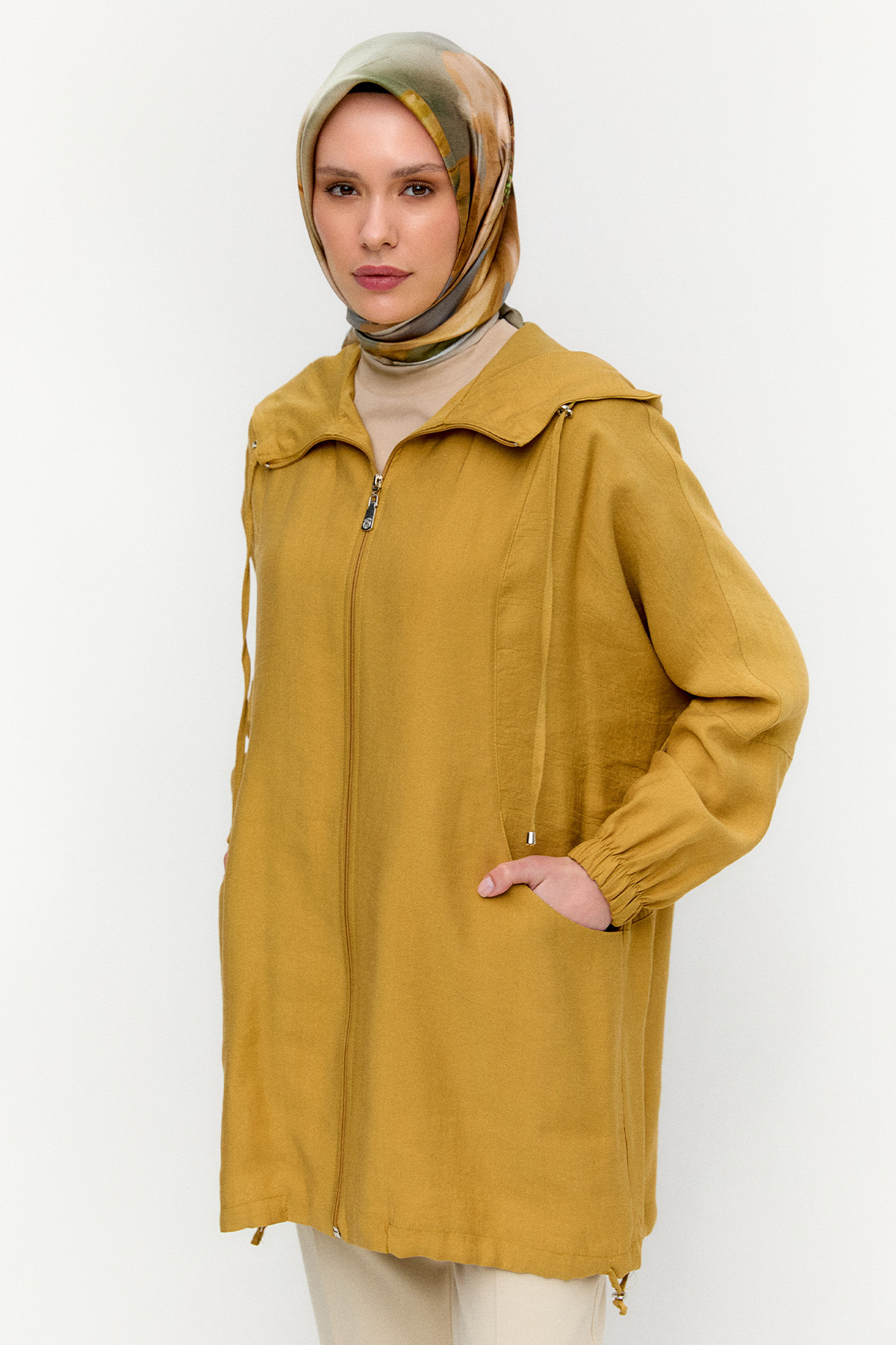 Çizgili Kapüşonlu Lyocell Kap, Tesettür Giyim