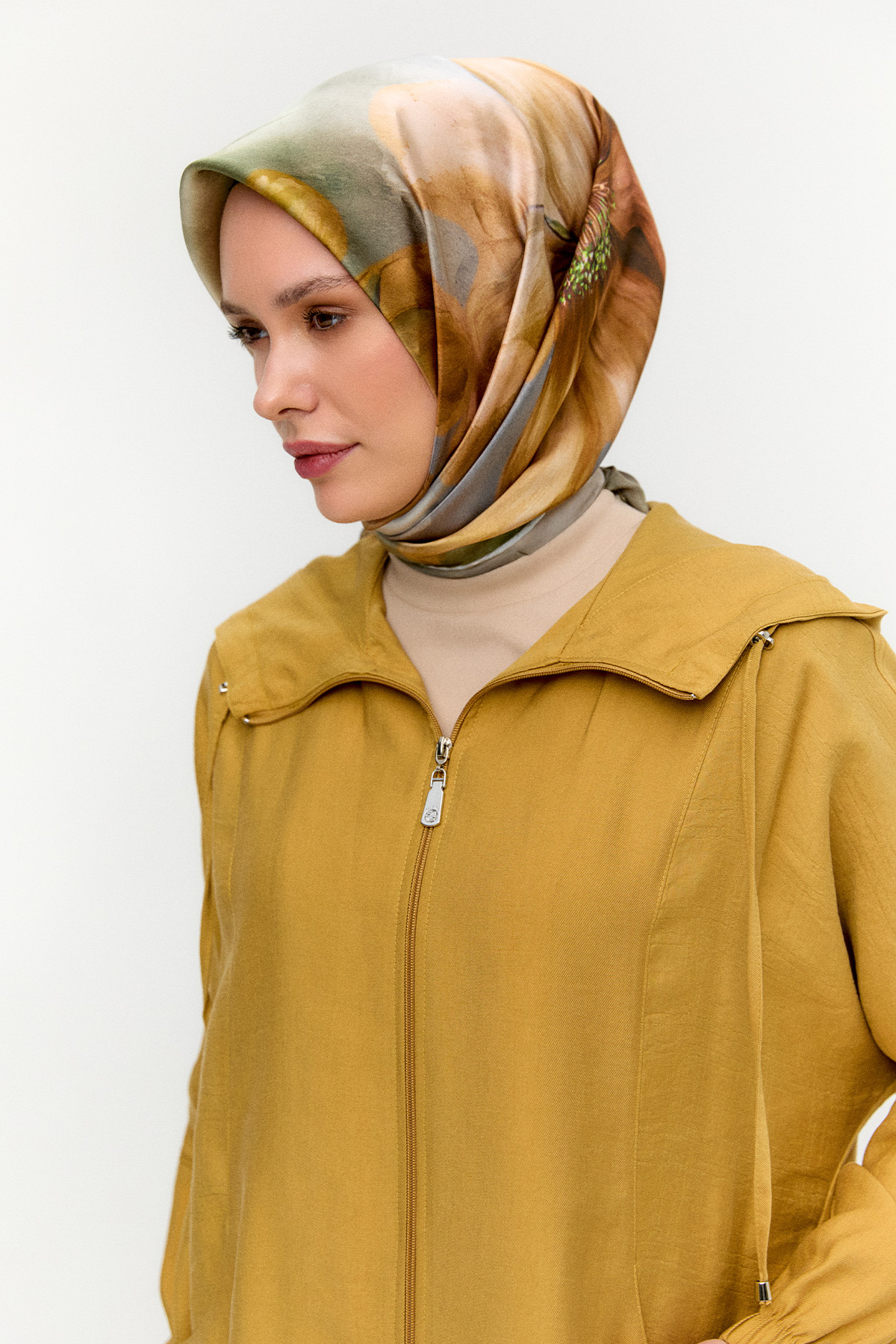 Çizgili Kapüşonlu Lyocell Kap, Tesettür Giyim