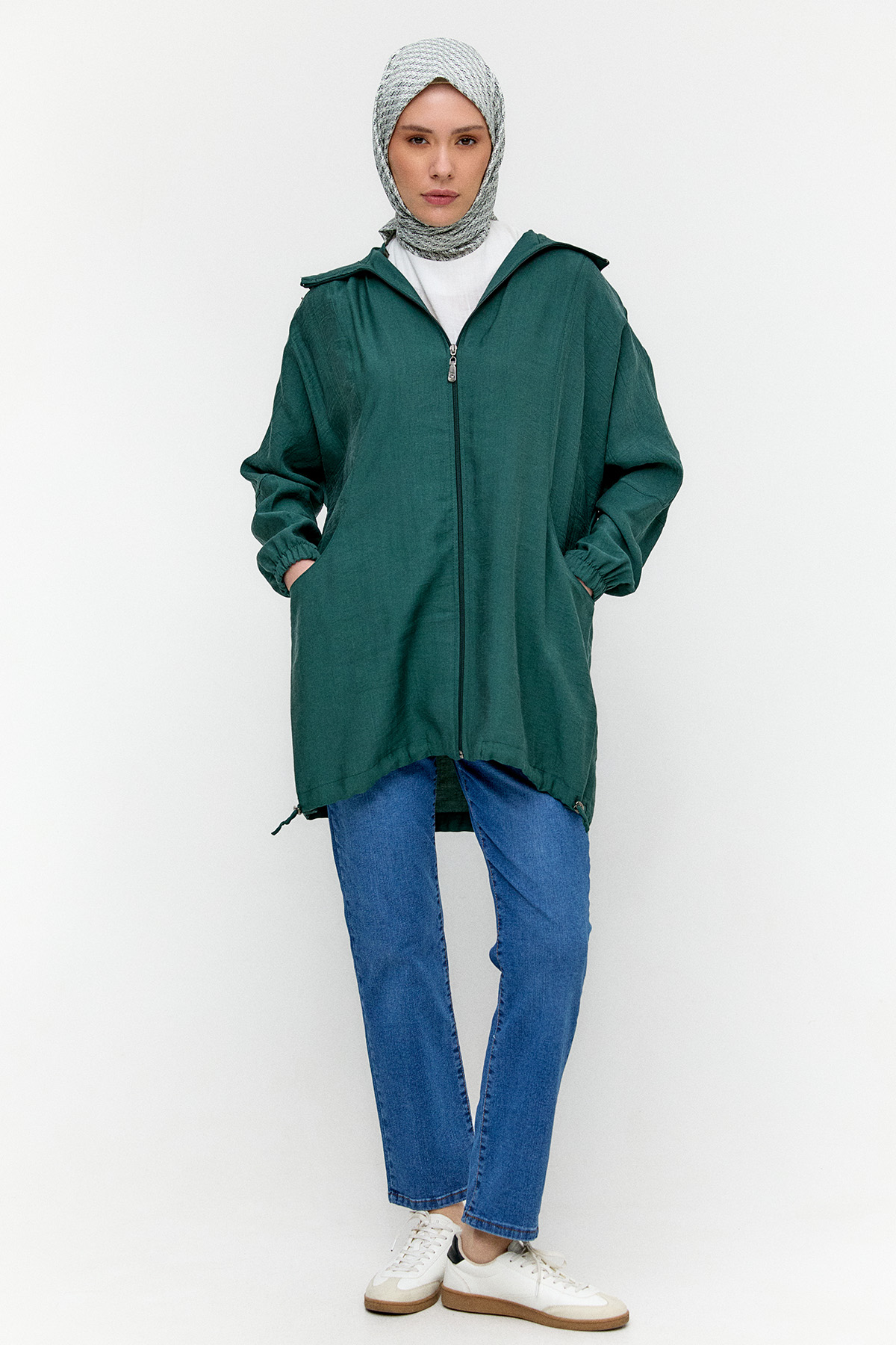 Çizgili Kapüşonlu Lyocell Kap, Tesettür Giyim