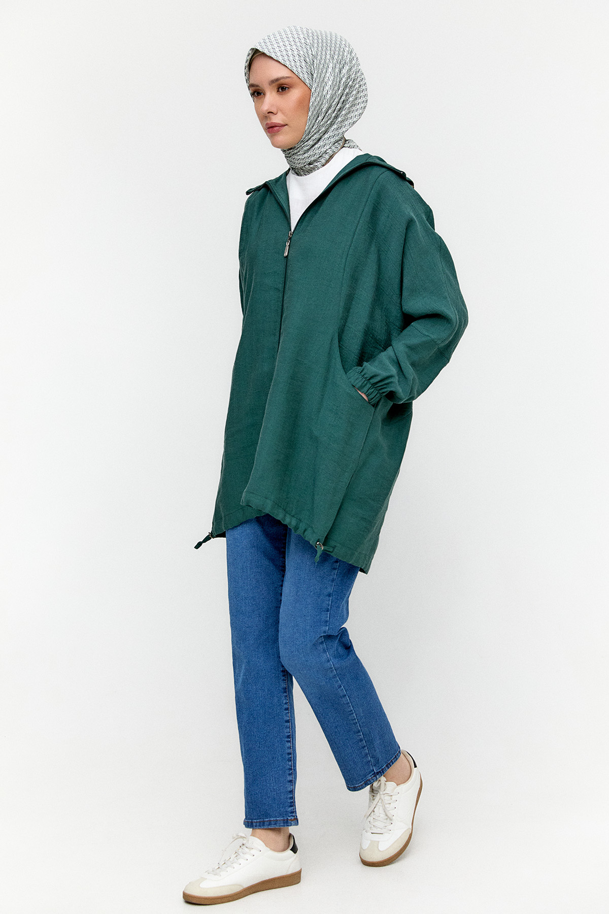 Çizgili Kapüşonlu Lyocell Kap, Tesettür Giyim