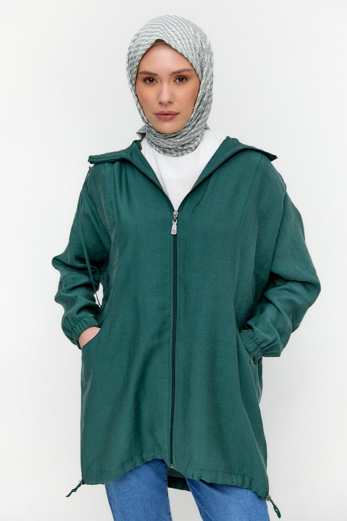 Çizgili Kapüşonlu Lyocell Kap, Tesettür Giyim