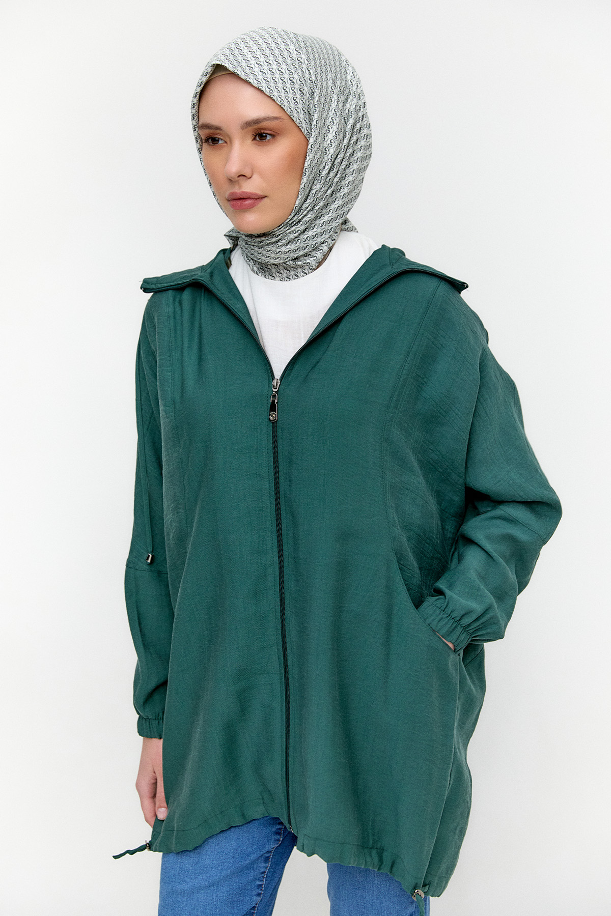 Çizgili Kapüşonlu Lyocell Kap, Tesettür Giyim