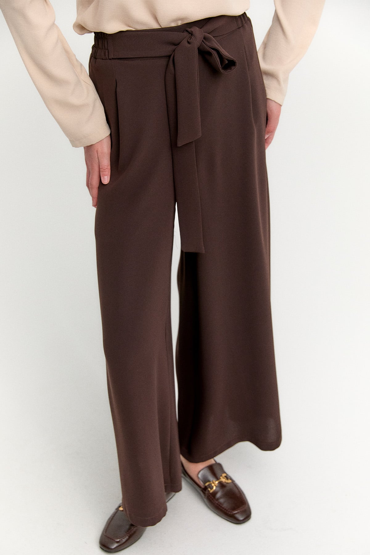 Kuşaklı Geniş Paça Krep Pantolon, Tesettür Giyim