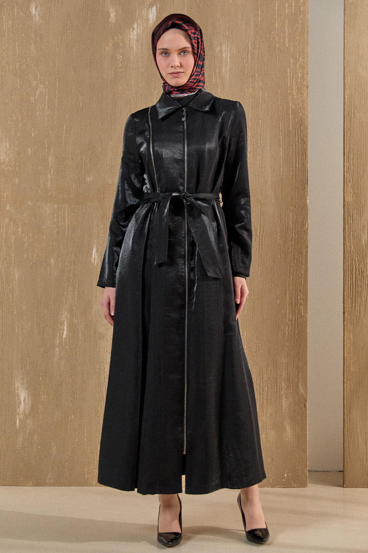 Fermuar Detaylı Cepli Pardesü, Tesettür Giyim