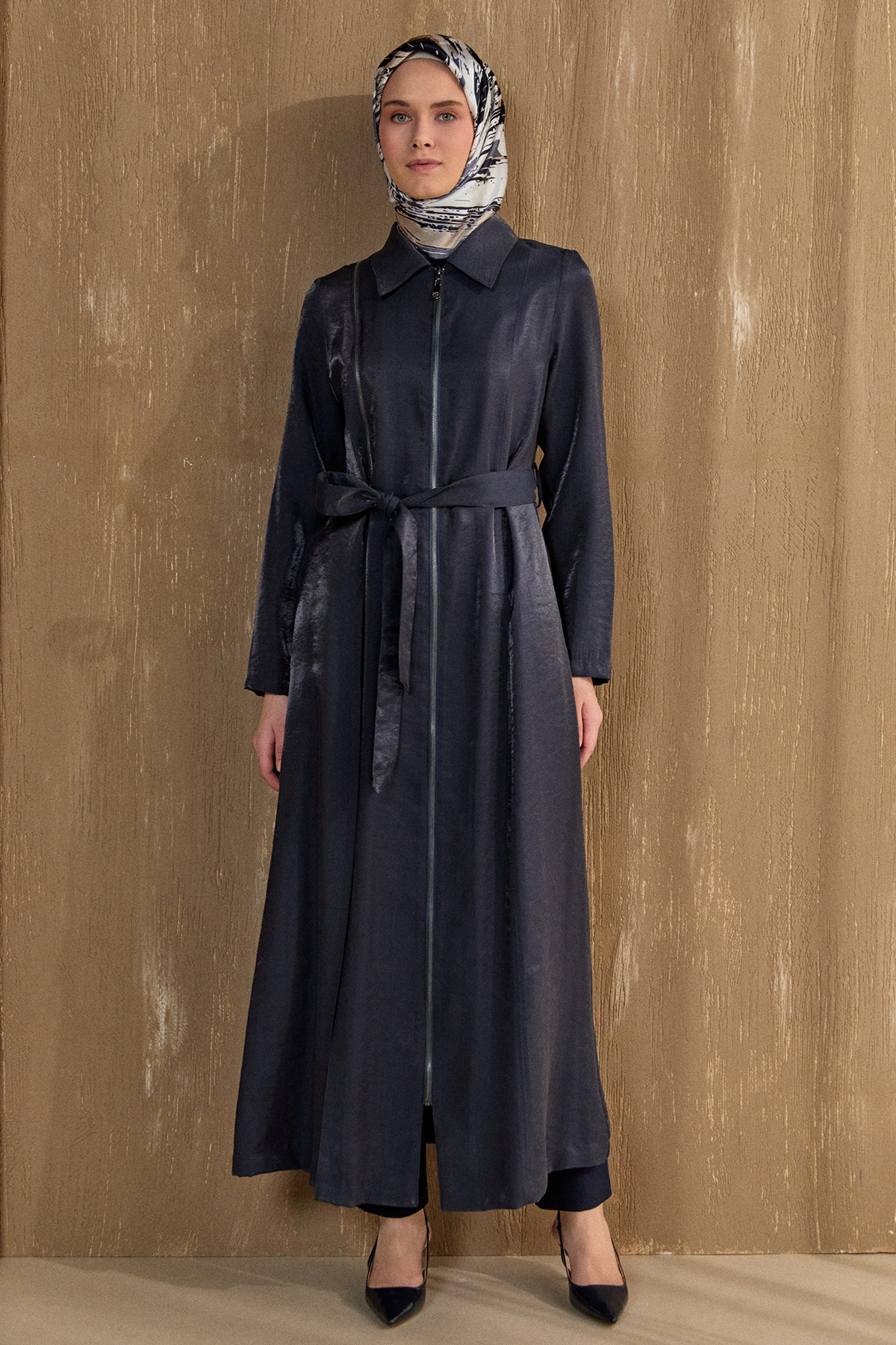 Fermuar Detaylı Cepli Pardesü, Tesettür Giyim