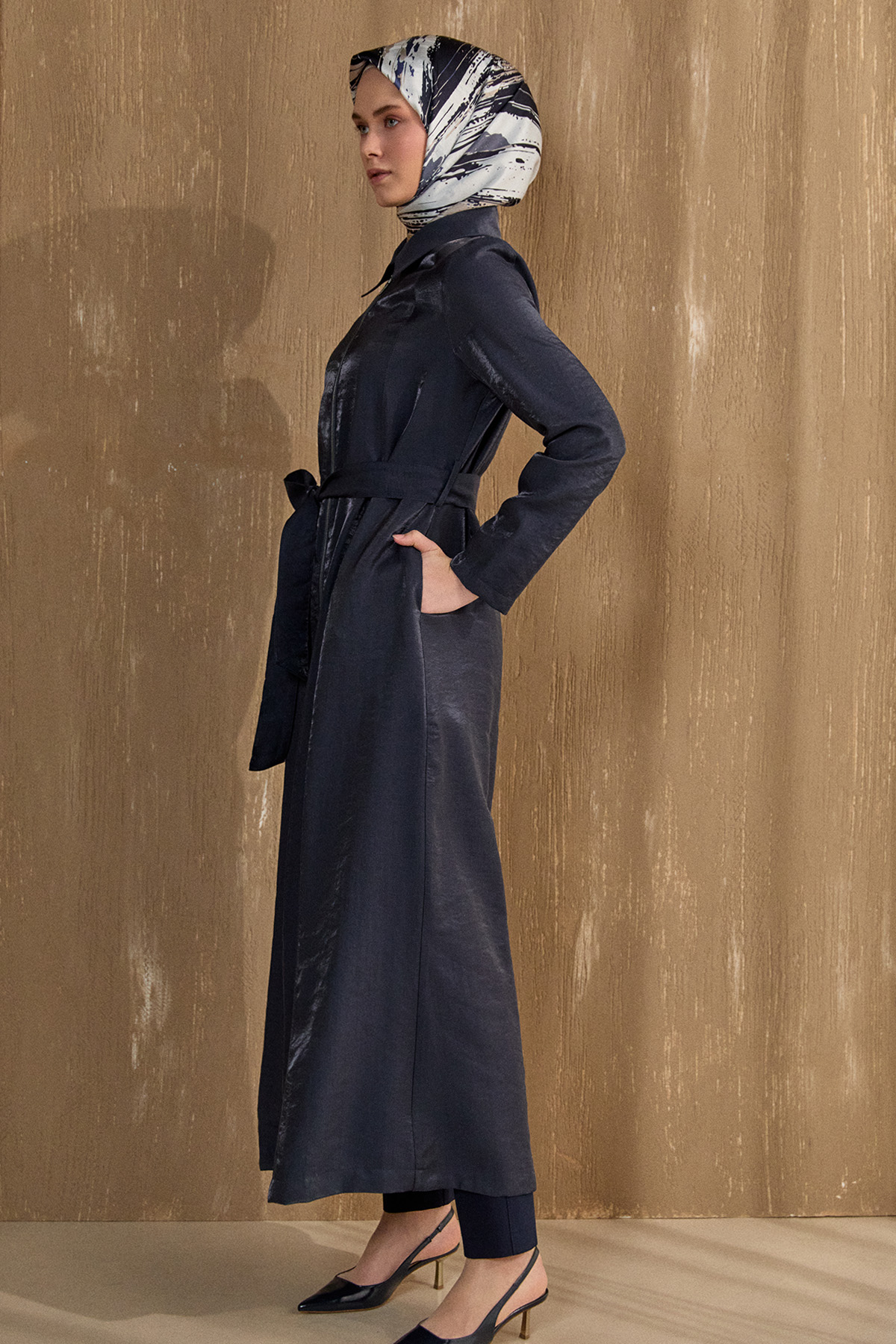 Fermuar Detaylı Cepli Pardesü, Tesettür Giyim