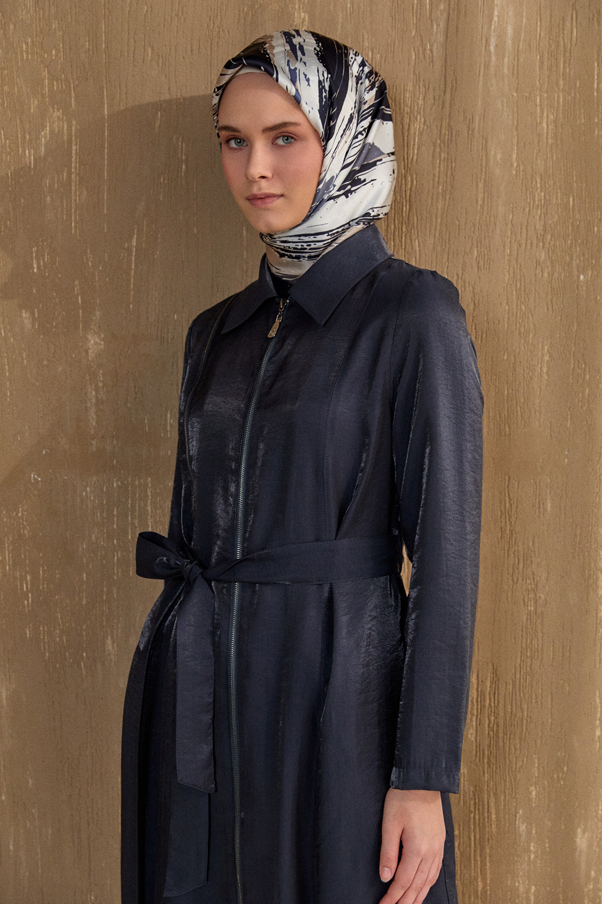 Fermuar Detaylı Cepli Pardesü, Tesettür Giyim