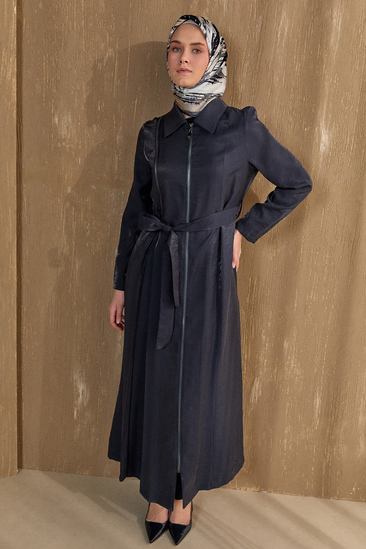 Fermuar Detaylı Cepli Pardesü, Tesettür Giyim