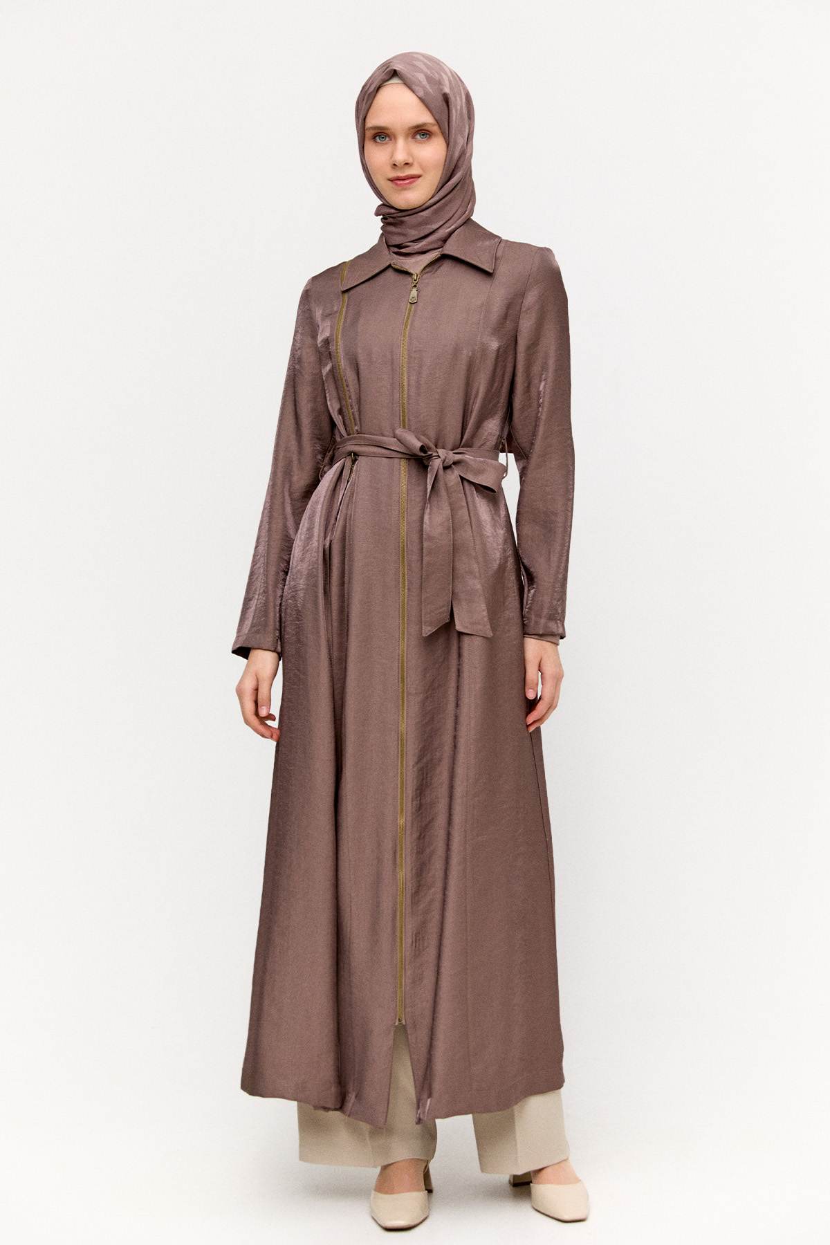 Fermuar Detaylı Cepli Pardesü, Tesettür Giyim