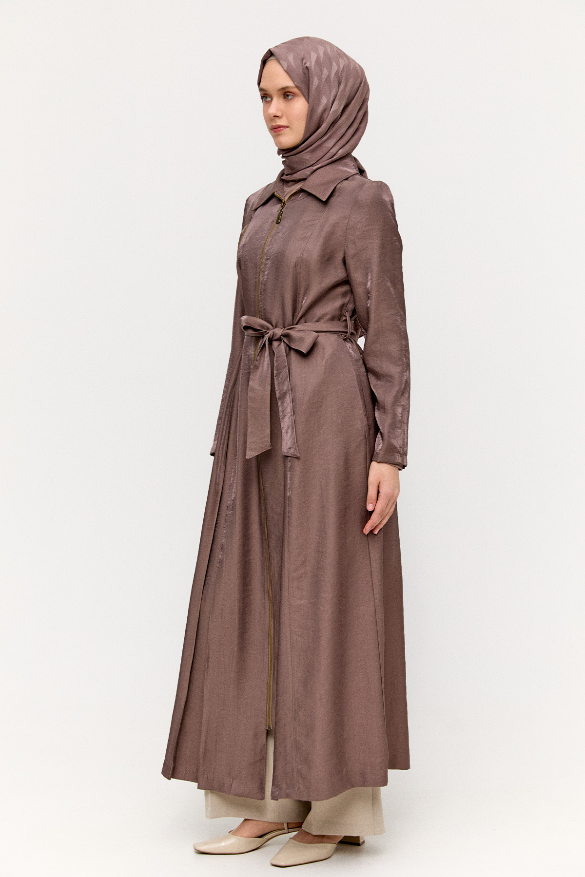 Fermuar Detaylı Cepli Pardesü, Tesettür Giyim