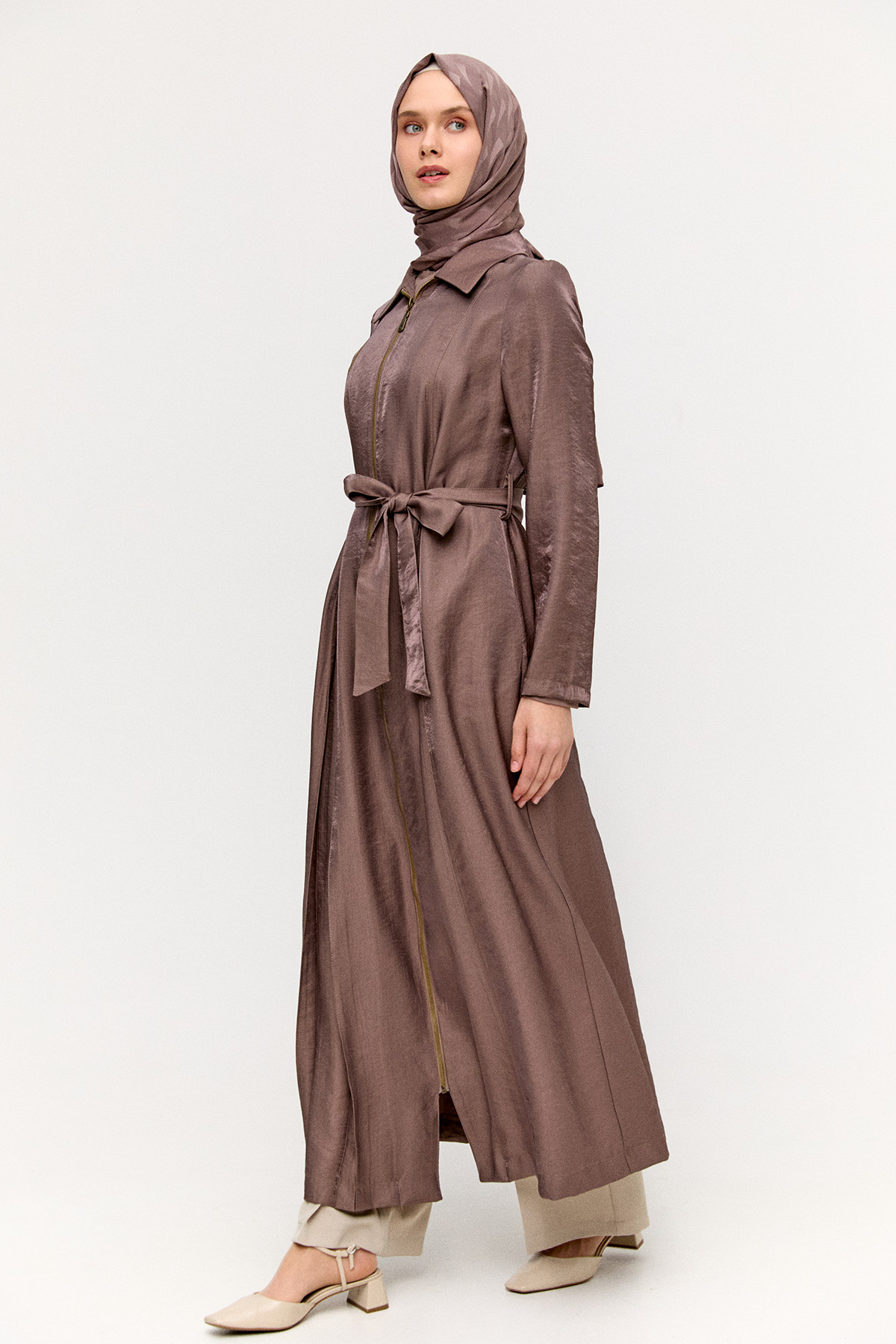 Fermuar Detaylı Cepli Pardesü, Tesettür Giyim