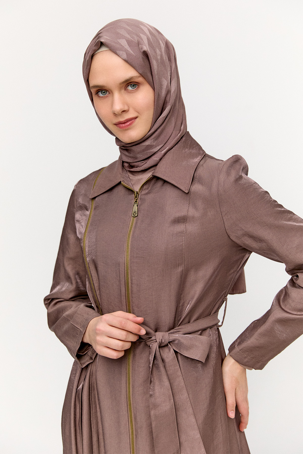 Fermuar Detaylı Cepli Pardesü, Tesettür Giyim