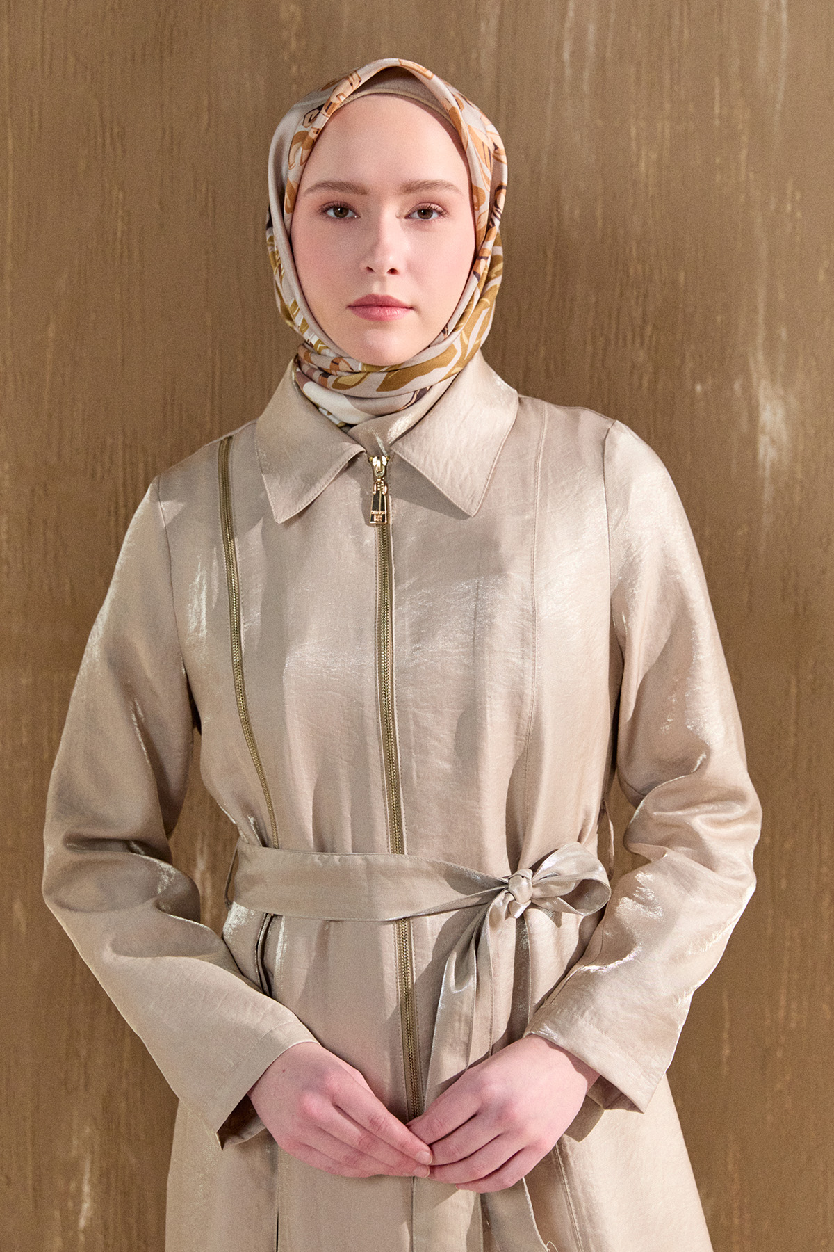 Fermuar Detaylı Cepli Pardesü, Tesettür Giyim